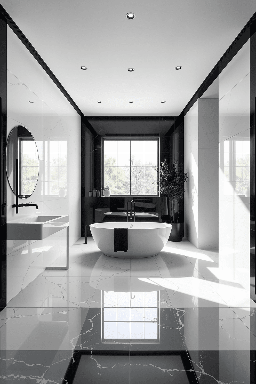 A striking black and white bathroom featuring large format tiles that create a seamless and elegant look. The walls are adorned with glossy white tiles, while the floor showcases bold black tiles, enhancing the modern aesthetic. A freestanding soaking tub is positioned in the center, surrounded by minimalist decor. Sleek black fixtures complement the overall design, and a large window allows natural light to flood the space, accentuating the contrast between the colors.