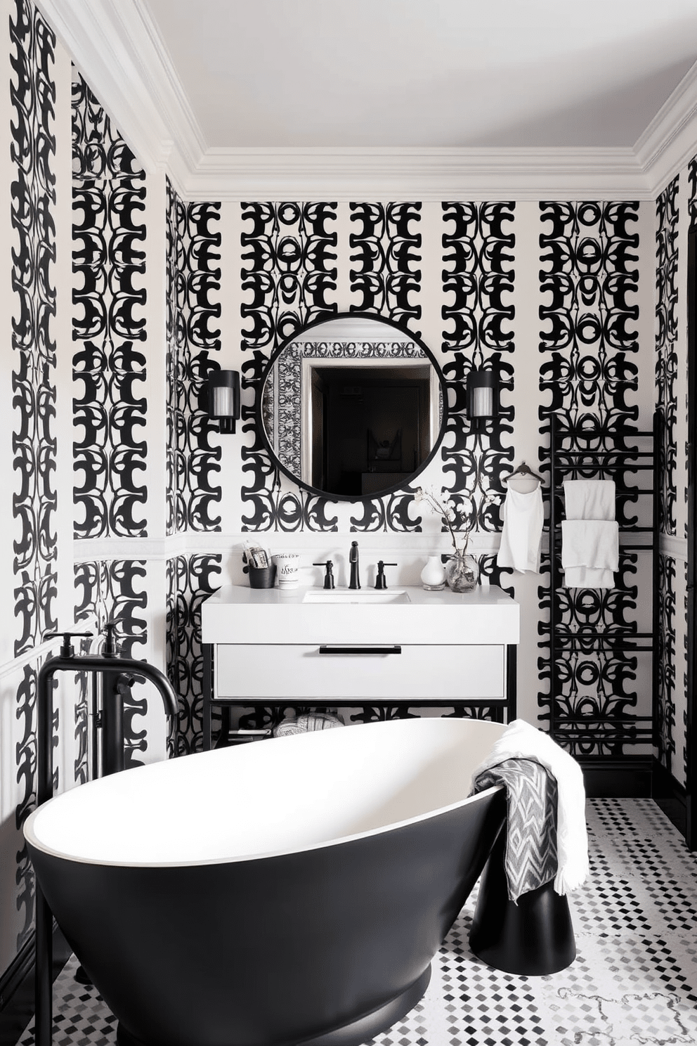 A stylish bathroom featuring lattice patterned wallpaper in black and white creates a bold visual statement. The room is complemented by sleek black fixtures and a modern freestanding tub that invites relaxation. The vanity is adorned with a striking white countertop and a large round mirror framed in black. Elegant accessories in shades of white and gray add a touch of sophistication to the overall design.