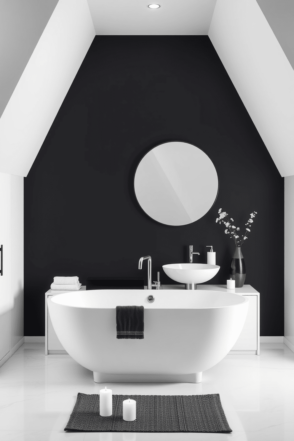 A bold black accent wall serves as the backdrop for a minimalist bathroom. White decor elements, including sleek cabinetry and modern fixtures, contrast beautifully against the dark wall. The freestanding bathtub is positioned in front of the accent wall, surrounded by elegant white candles. A large round mirror with a thin black frame hangs above a stylish white sink, enhancing the monochromatic theme.