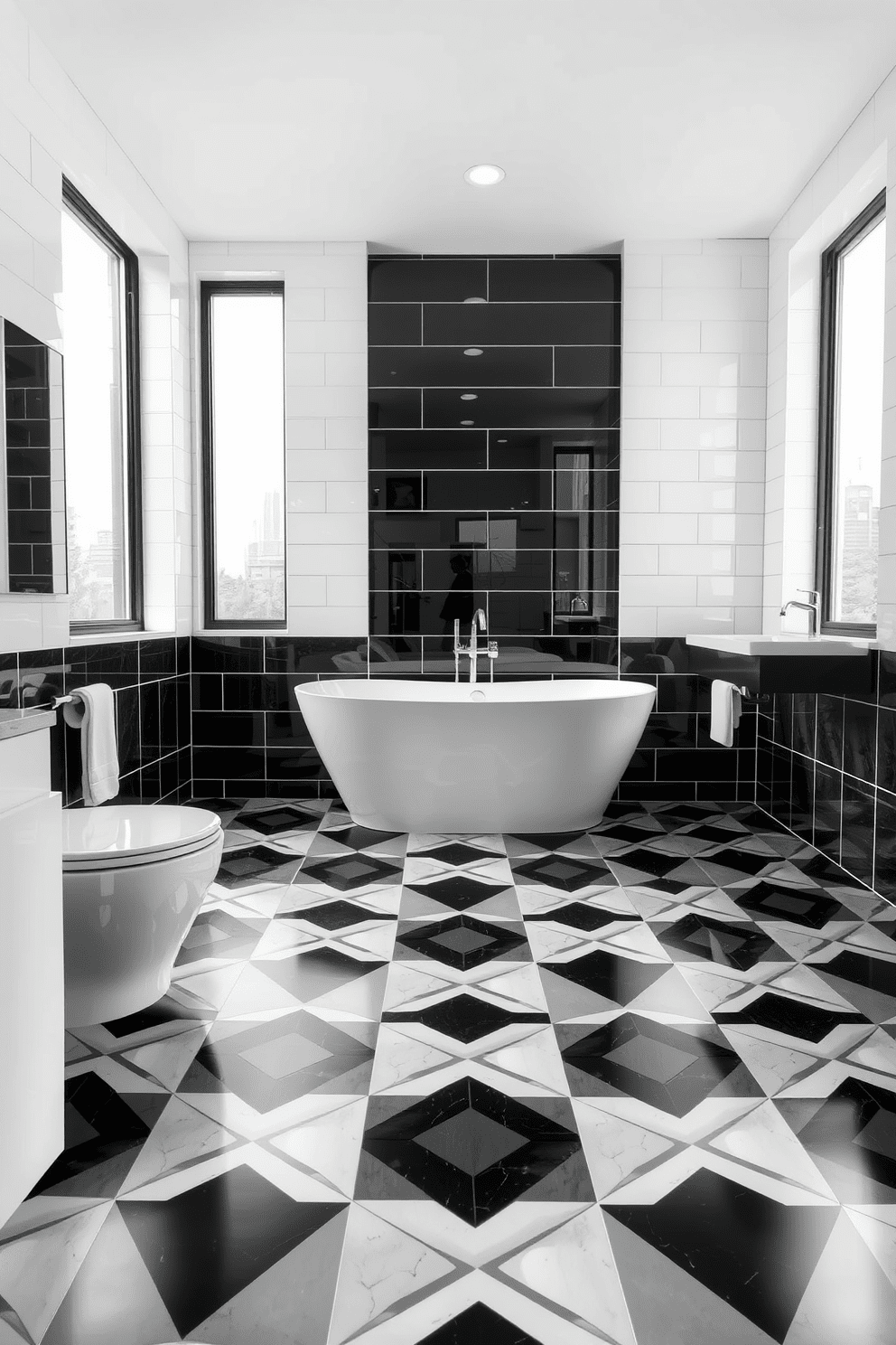 A striking black and white bathroom featuring bold geometric patterns on the floor tiles. The walls are adorned with sleek white tiles, creating a modern contrast with the dark floor design. A freestanding bathtub sits elegantly in the center, surrounded by minimalistic fixtures. Large windows allow natural light to flood the space, enhancing the clean lines and contemporary feel.