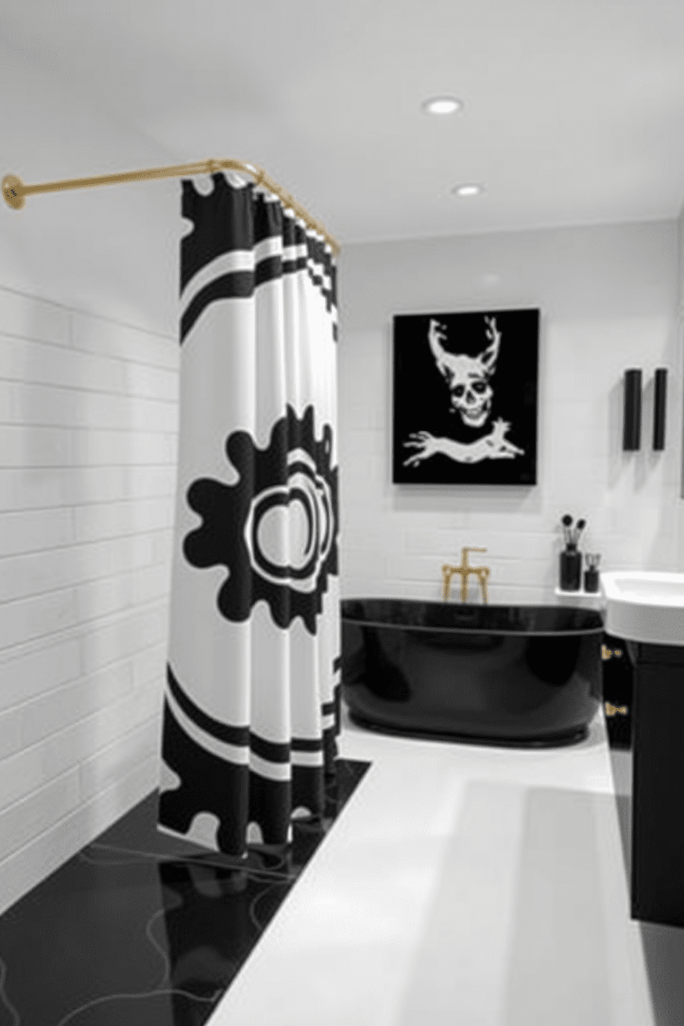 A stylish black and white patterned shower curtain hangs elegantly in a modern bathroom. The walls are adorned with sleek white tiles, and the floor features contrasting black tiles that enhance the monochrome aesthetic. The bathroom showcases a minimalist design with a freestanding black tub and a chic black vanity. Accents of gold in the fixtures and accessories add a touch of luxury to the black and white theme.