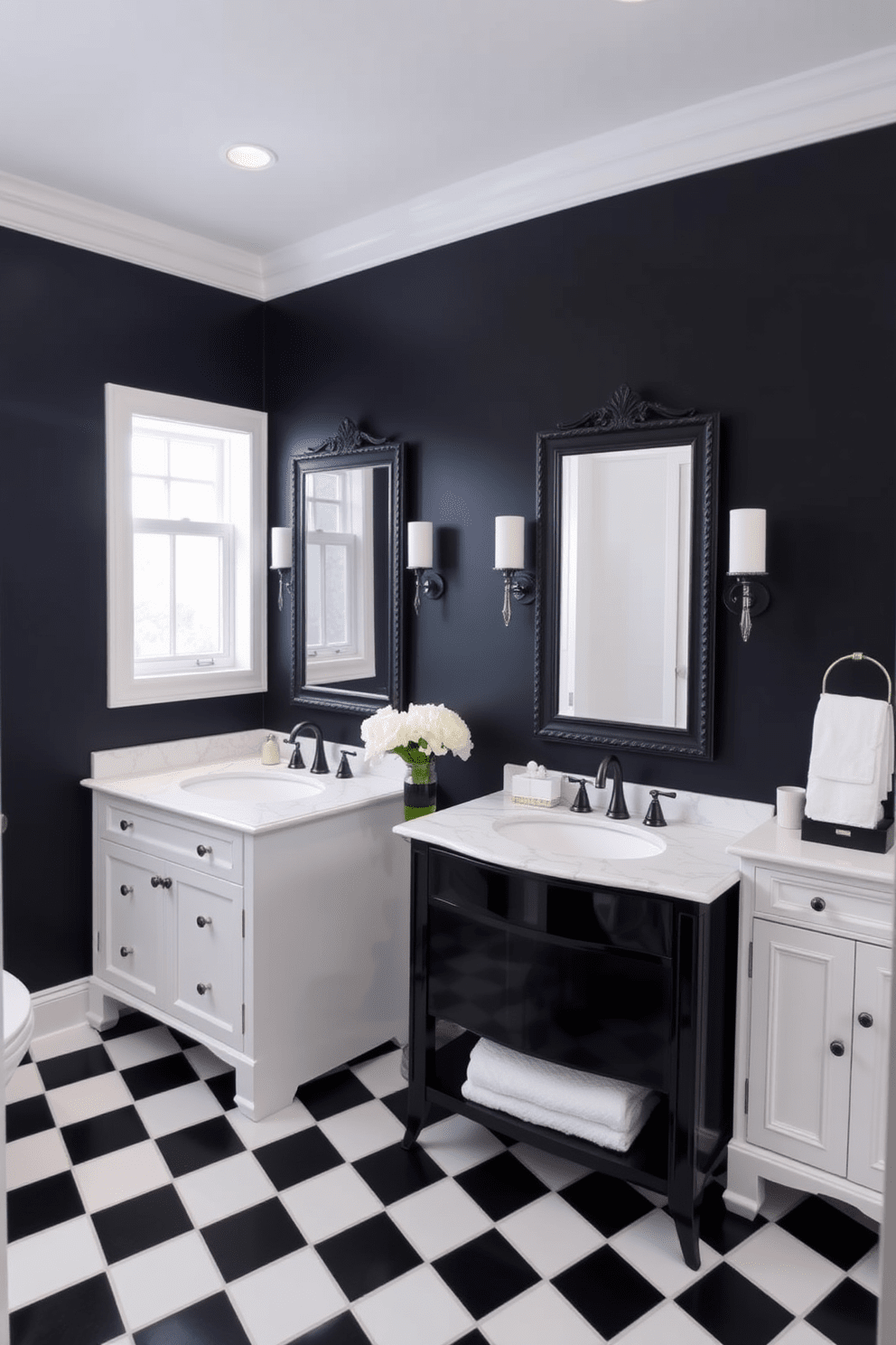 A striking black and white bathroom features dual vanities in contrasting colors. One vanity is sleek and black with a glossy finish, while the other is a classic white with elegant detailing.