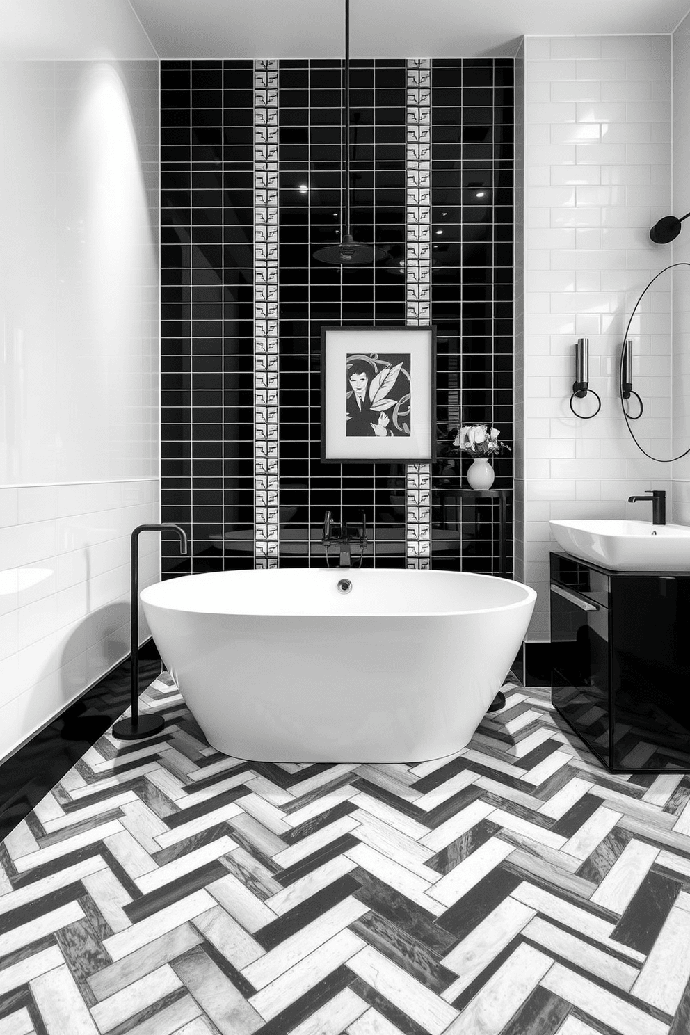 A stylish bathroom featuring accent tiles in a herringbone pattern creates a striking visual effect. The black and white color scheme enhances the elegance of the space, with sleek fixtures and minimalist decor. The walls are adorned with glossy white tiles, while the floor showcases the bold herringbone pattern in contrasting black. A modern freestanding tub sits at the center, surrounded by chic accessories that complement the overall aesthetic.