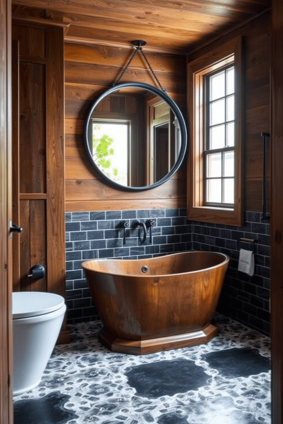 A rustic bathroom featuring wooden elements with a rich dark finish. The walls are adorned with black and white tiles, creating a striking contrast against the warm tones of the wood. A freestanding wooden bathtub sits in the center, surrounded by black fixtures. Above the tub, a large round mirror with a black frame reflects the natural light streaming in from a nearby window.