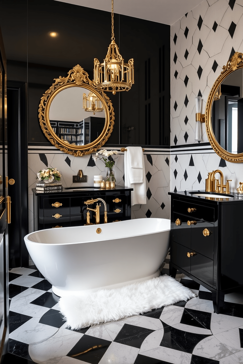 A stunning bathroom design inspired by Art Deco featuring bold black and white contrasts. The walls are adorned with geometric black and white tiles, while a sleek freestanding bathtub sits elegantly in the center of the room. The vanity is a glossy black with intricate gold hardware, complemented by a large round mirror with an ornate gold frame. To add sophistication, a plush white rug lies beneath the bathtub and decorative accents in gold complete the luxurious feel.