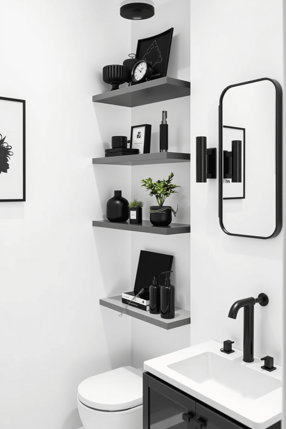 A modern bathroom featuring floating shelves adorned with decorative black accents. The walls are painted in crisp white, creating a striking contrast with the black accents and fixtures. The floating shelves are elegantly arranged, showcasing stylish decor items and plants. A sleek black vanity complements the overall aesthetic, enhancing the sophisticated black and white theme.