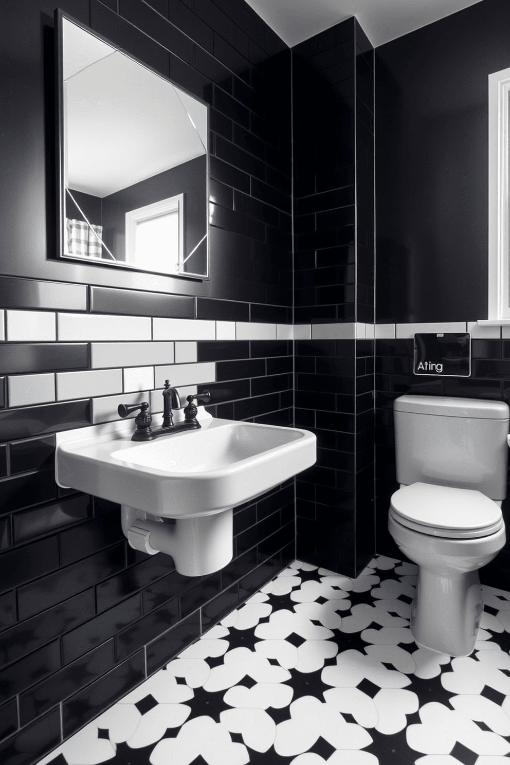 A stylish black and white bathroom features a modern sink paired with vintage style faucets that add character and charm. The walls are adorned with sleek black tiles, while the floor showcases a striking white and black geometric pattern.