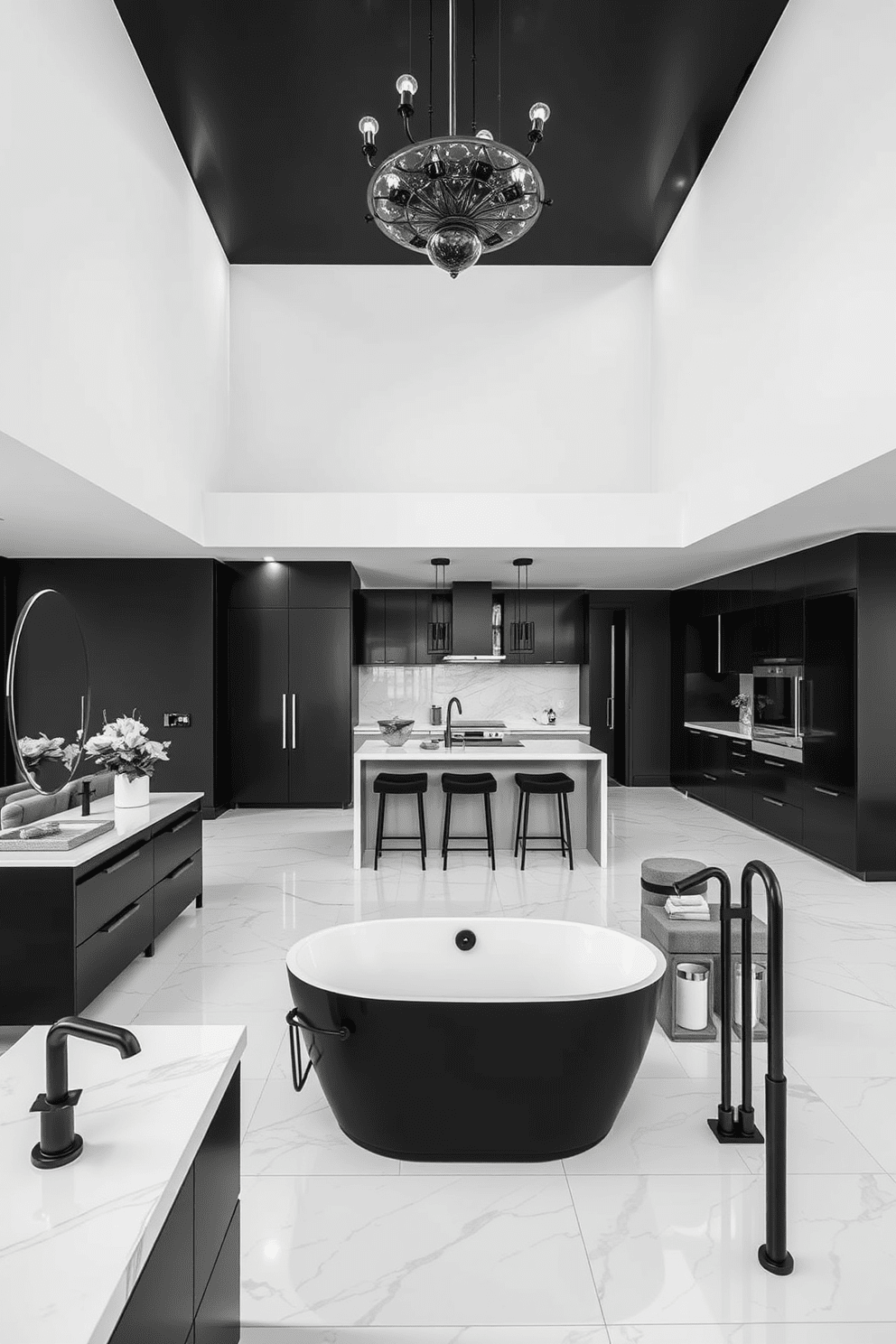 Open concept layout featuring sleek black accents throughout the space. The living area seamlessly transitions into the kitchen, showcasing a modern aesthetic with bold contrasts. Black and white bathroom design ideas emphasize a minimalist approach with striking visual appeal. The space includes a freestanding tub surrounded by elegant black fixtures and white marble tiles.