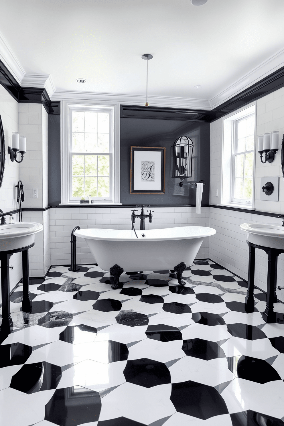 A classic checkered floor creates a timeless appeal in this black and white bathroom. The contrast between the glossy black tiles and the crisp white tiles enhances the elegant atmosphere of the space. A freestanding tub takes center stage, surrounded by stylish black fixtures. Large windows allow natural light to flood in, highlighting the sophisticated design elements throughout the room.