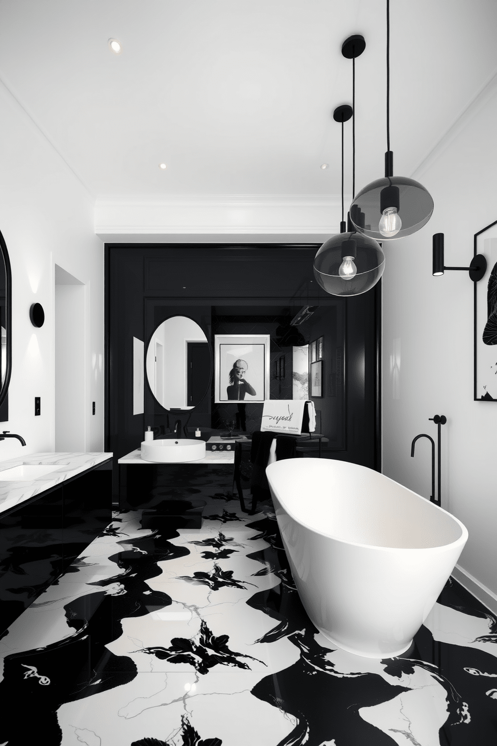 A striking black and white bathroom featuring bold black lighting fixtures that create a dramatic contrast against the white walls. The floor is adorned with large black and white tiles, and a freestanding white bathtub sits elegantly in the center of the room. The vanity is sleek and modern, with a glossy black finish and a white marble countertop. Above the vanity, a large black-framed mirror reflects the stylish lighting, enhancing the overall aesthetic of the space.