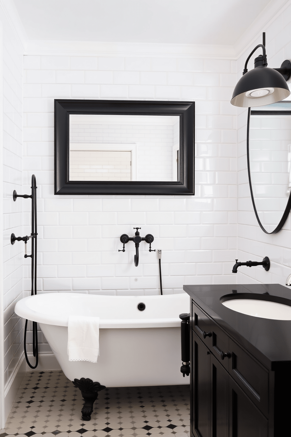 Classic clawfoot tub with black accents. The tub is positioned against a backdrop of white subway tiles, creating a striking contrast. Elegant black fixtures complement the tub, including a vintage-style faucet and towel bars. A large, frameless mirror hangs above a sleek black vanity, enhancing the room's sophistication.