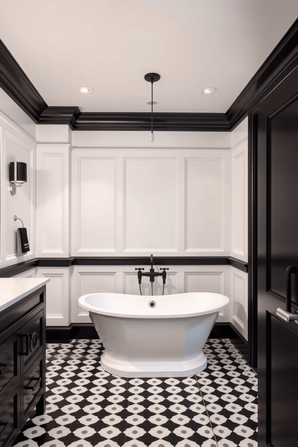 A stylish bathroom featuring white wainscoting that adds a classic touch to the space. The room is accented with black crown molding that enhances the elegant contrast of the black and white color scheme. The walls are adorned with black and white patterned tiles, creating visual interest and depth. A freestanding bathtub sits in the center, surrounded by sleek black fixtures and a modern vanity with a white countertop.