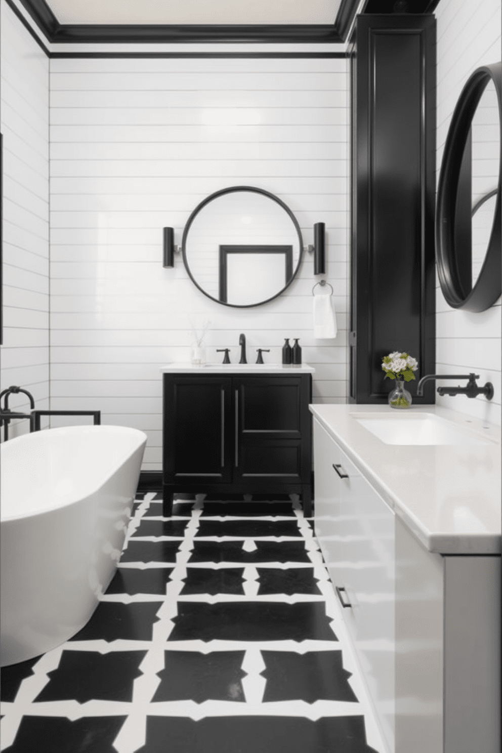 A stylish bathroom featuring white shiplap walls complemented by elegant black trim. The space incorporates a modern freestanding bathtub and a sleek black vanity with a white countertop. The flooring consists of large black and white tiles arranged in a chic geometric pattern. Accents include black fixtures and a large round mirror that enhances the room's sophistication.