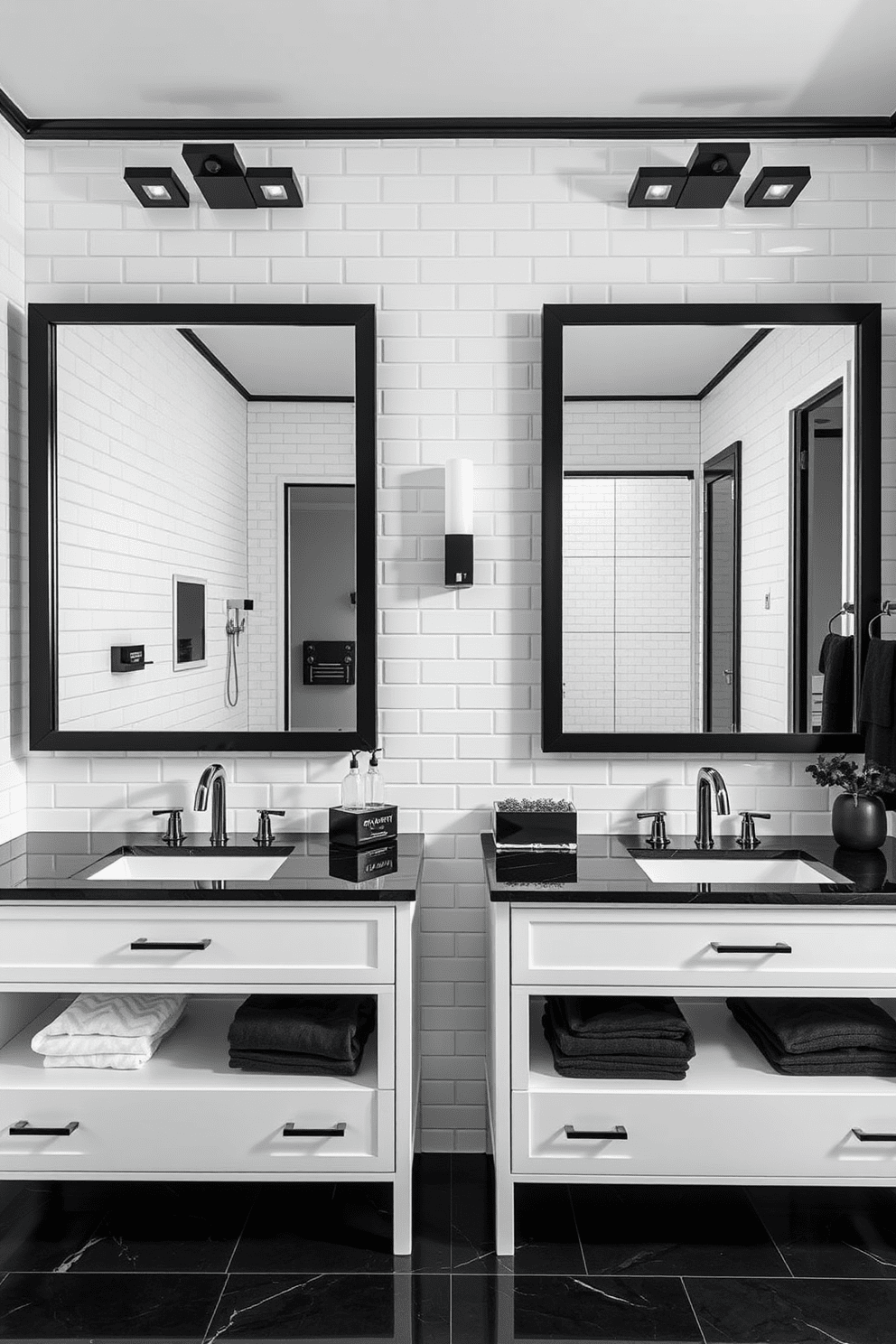 A stylish black and white bathroom featuring sleek white vanities topped with elegant black countertops. Above each vanity, large black framed mirrors reflect the modern lighting fixtures that illuminate the space. The walls are adorned with monochromatic tiles that create a striking contrast against the white cabinetry. Accents of black are incorporated through accessories like towel racks and decorative elements, enhancing the overall sophisticated aesthetic.