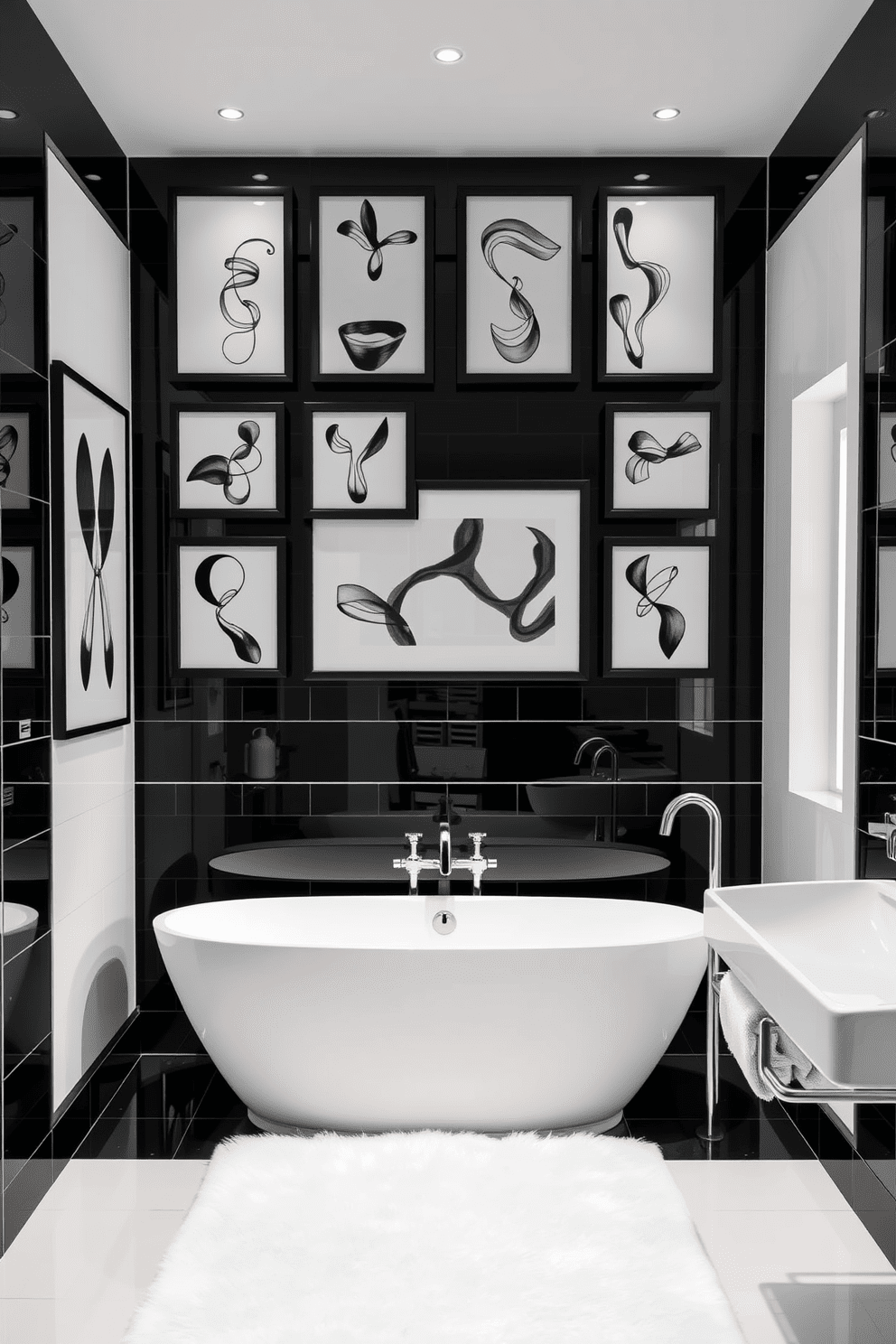 A collection of striking monochrome art pieces adorns the walls, featuring abstract designs that create a bold visual statement. The artwork is framed in sleek black frames, enhancing the overall elegance of the space. The bathroom showcases a sophisticated black and white design, with glossy black tiles lining the walls and a pristine white freestanding bathtub as the centerpiece. Accents of chrome in the fixtures add a contemporary touch, while a plush white rug provides comfort underfoot.