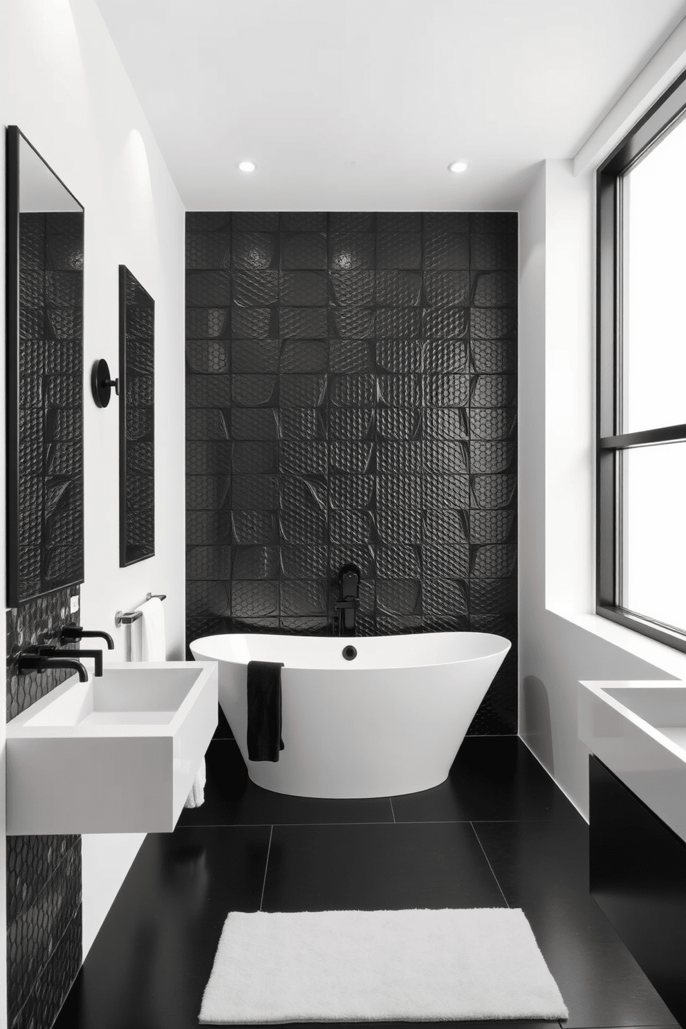 A striking bathroom featuring textured black tiles that create a dramatic effect. The walls are adorned with sleek white accents, enhancing the bold contrast of the black tiles. The space includes a freestanding white bathtub positioned under a large window. Elegant black fixtures complement the overall design, providing a modern touch to the black and white theme.