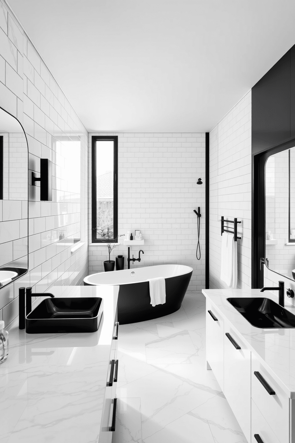 A striking black and white bathroom featuring sleek white marble countertops paired with elegant black sinks. The walls are adorned with chic monochrome tiles, creating a harmonious contrast that enhances the modern aesthetic. A freestanding bathtub sits gracefully in the corner, surrounded by minimalist decor and soft lighting. A large window allows natural light to flood the space, accentuating the clean lines and sophisticated color palette.