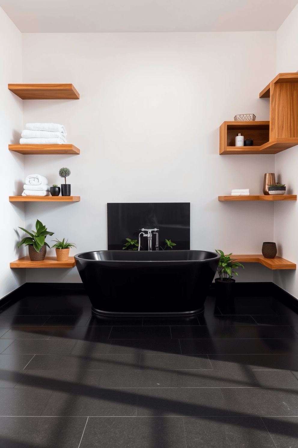 A minimalist bathroom design featuring open shelving. The walls are painted white, and the floor is adorned with sleek black tiles, creating a striking contrast. Open shelves made of natural wood are mounted on the walls, displaying neatly arranged towels and decorative items. A freestanding black bathtub sits in the center, surrounded by potted plants for a touch of greenery.