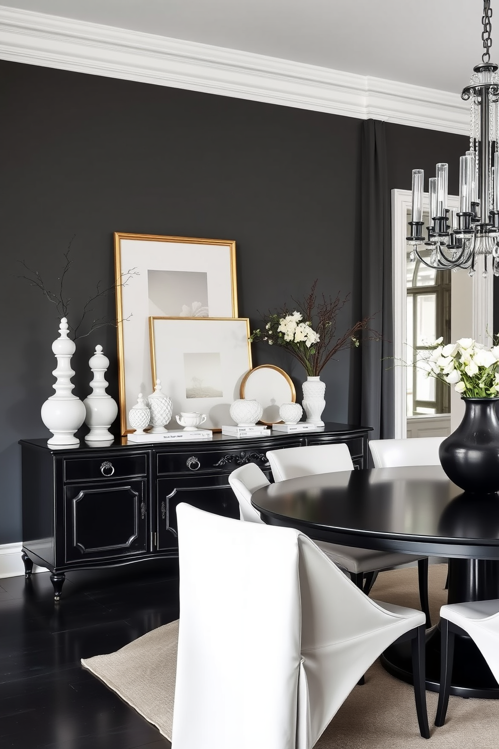 A vintage black sideboard sits against the wall, adorned with elegant white decor pieces that create a striking contrast. The dining room features a sleek black and white color palette, with a large round table surrounded by stylish chairs that complement the overall aesthetic.