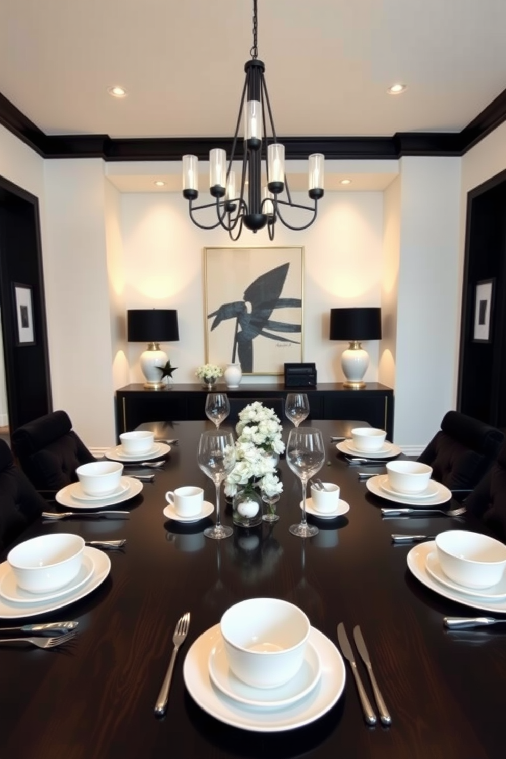 A stylish dining room featuring white tableware with black accents elegantly arranged on a dark wooden table. The walls are painted in a soft white, contrasting beautifully with a striking black accent wall adorned with contemporary art. The room is illuminated by a modern chandelier that complements the black and white theme. Plush seating in black fabric surrounds the table, creating an inviting atmosphere for gatherings.