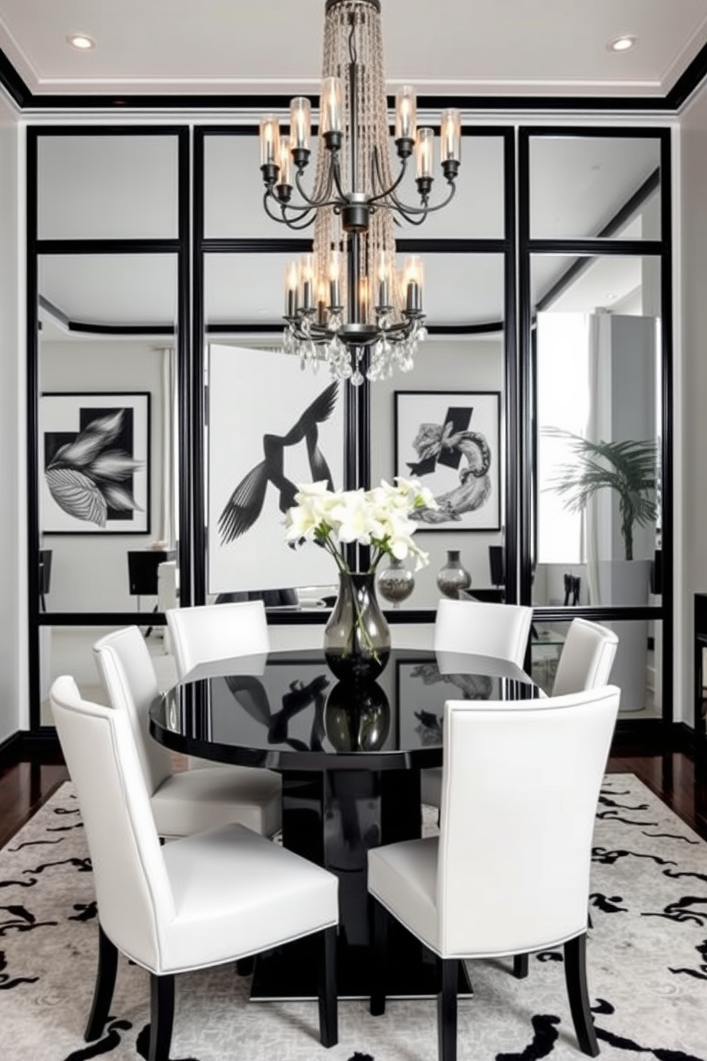 A chic dining room featuring black framed mirrors that enhance the sense of space and depth. The walls are adorned with elegant black and white artwork, creating a striking contrast against the neutral tones of the room. The dining table is a sleek black design surrounded by white upholstered chairs, providing a modern touch. A statement chandelier hangs above, casting a warm glow over the space and highlighting the sophisticated atmosphere.