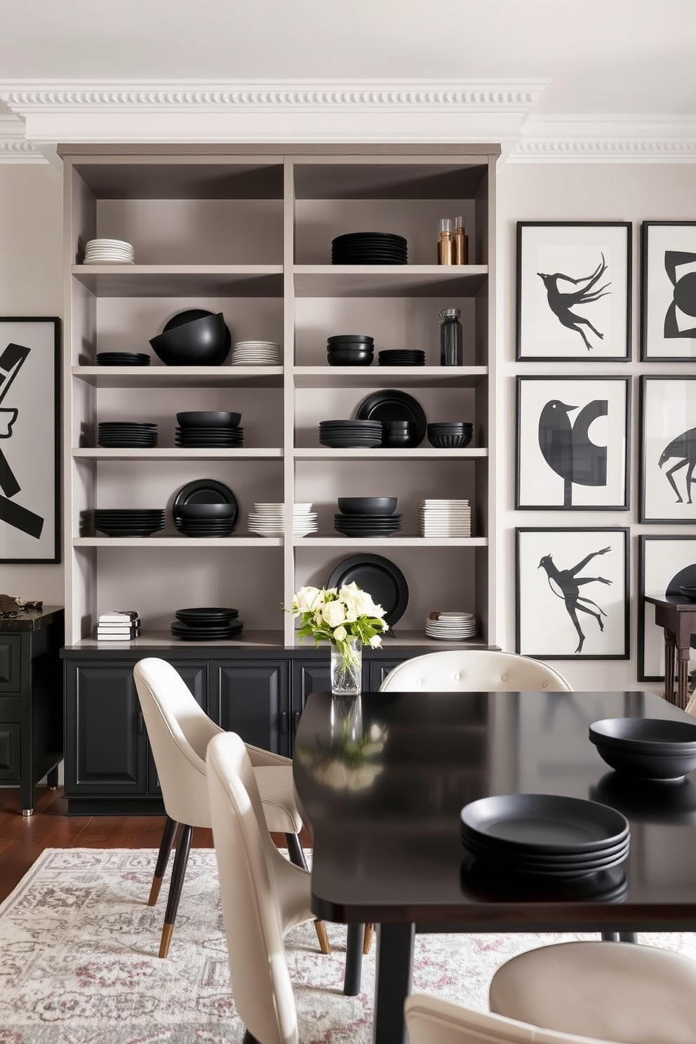 A chic dining room featuring open shelving that showcases an array of black dishes in an artistic arrangement. The walls are adorned with elegant black and white artwork, creating a striking contrast against the light-colored furniture.