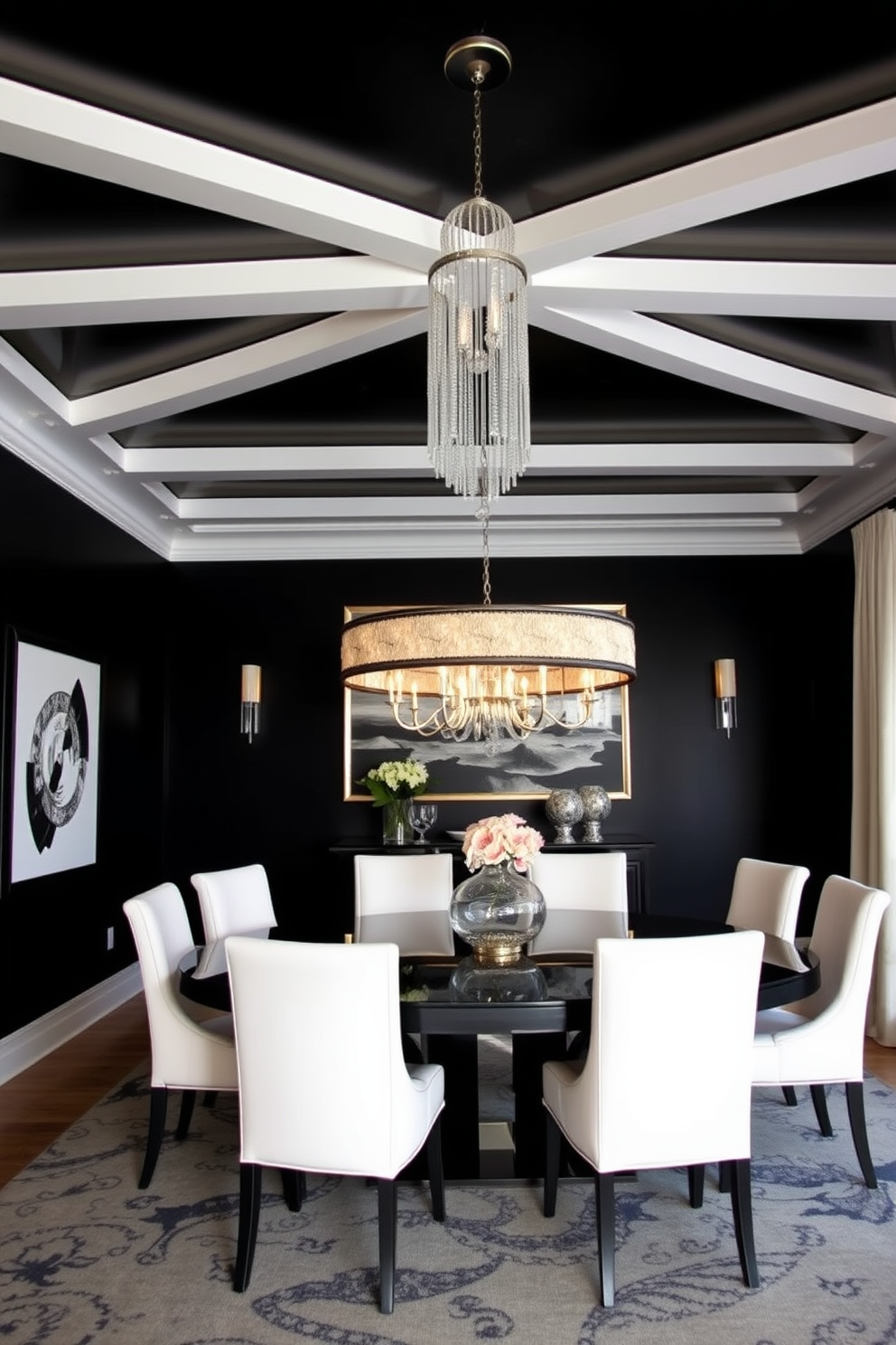 A dramatic black ceiling features striking white beams that create a bold contrast in the space. The walls are adorned with elegant black and white artwork, enhancing the sophisticated atmosphere of the dining room. A sleek black dining table is surrounded by white upholstered chairs, offering a modern yet inviting feel. A stunning chandelier with crystal accents hangs from the ceiling, casting a warm glow over the dining area.