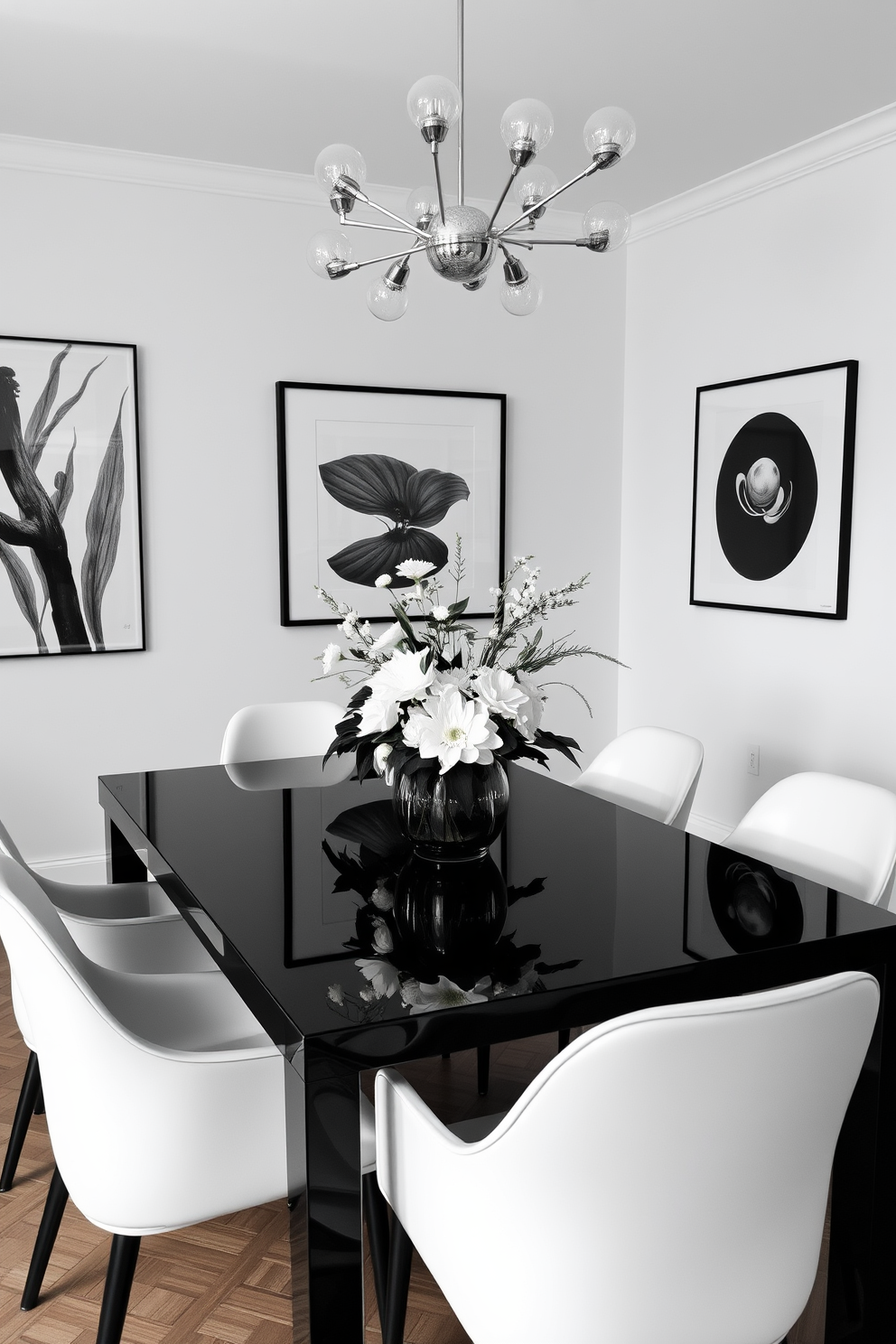 A monochrome floral arrangement serves as the centerpiece on a sleek black dining table. Surrounding the table are elegant white chairs with minimalist design, enhancing the room's sophisticated aesthetic. The walls are adorned with black and white artwork, creating a striking contrast that draws the eye. A modern chandelier hangs above, providing soft lighting that complements the monochrome theme.