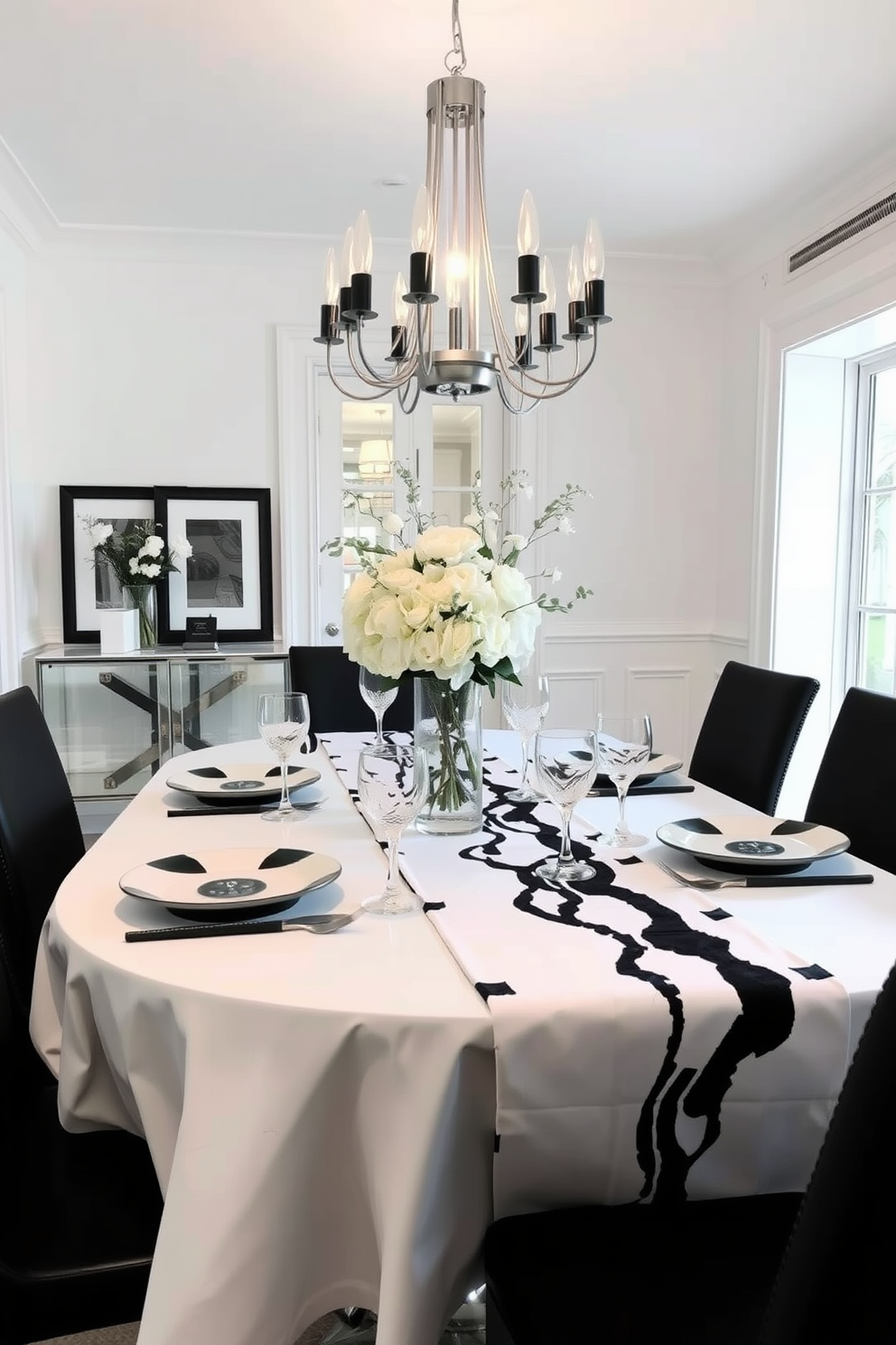 A stylish dining room featuring unique black and white table runners that add a touch of elegance to the space. The table is set with fine china and crystal glassware, surrounded by modern black chairs against a backdrop of white walls. The centerpiece is a striking arrangement of monochrome flowers in a sleek vase, enhancing the black and white theme. Soft lighting from a contemporary chandelier casts a warm glow over the dining area, creating an inviting atmosphere for gatherings.