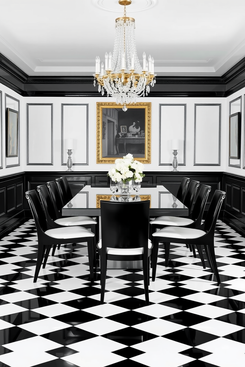 A striking dining room features bold black and white checkered flooring that creates a dramatic visual impact. The space is filled with a large rectangular dining table surrounded by sleek black chairs with white cushions, enhancing the monochromatic theme. The walls are adorned with elegant black wainscoting, complementing the checkered floor. A statement chandelier with crystal accents hangs above the table, adding a touch of sophistication to the room.