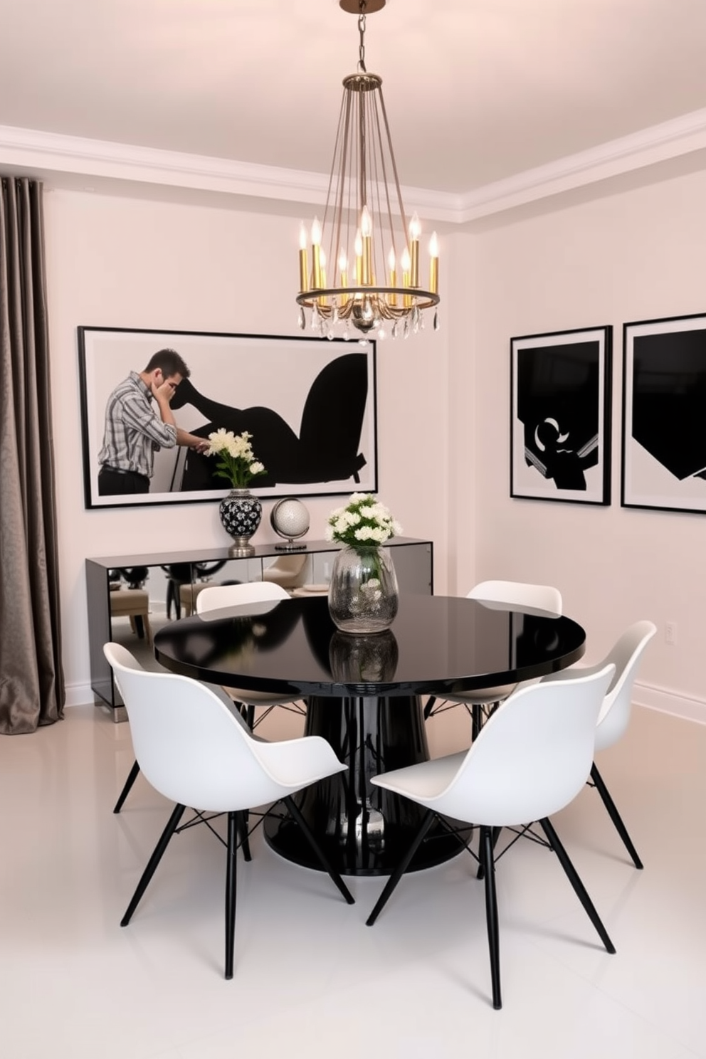 A chic round black dining table is elegantly set in the center of a stylish dining room. Surrounding the table are modern white chairs that contrast beautifully with the black tabletop. The walls are adorned with black and white artwork, enhancing the monochromatic theme. A statement chandelier hangs above, casting a warm glow over the space and creating an inviting atmosphere.