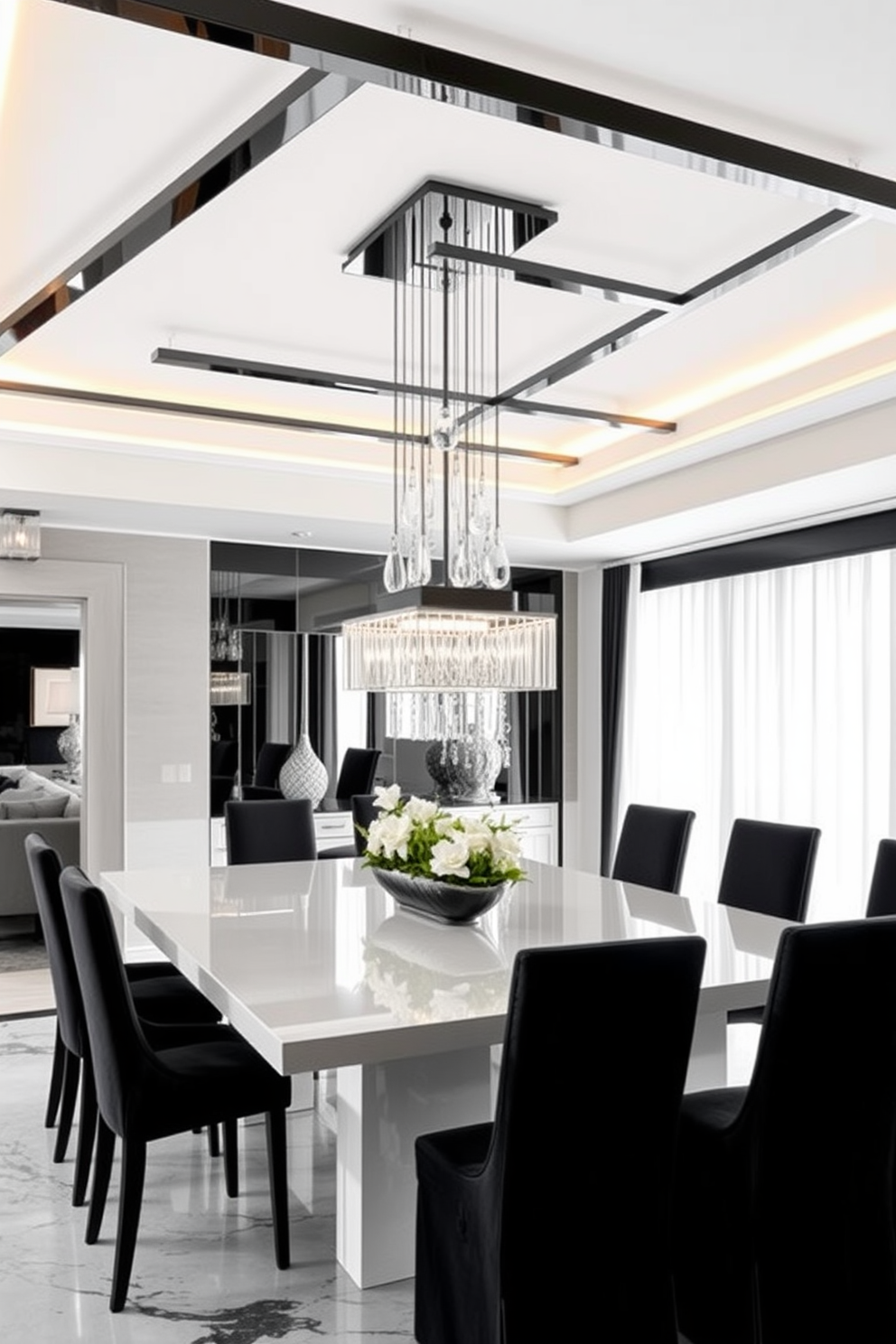 A stylish dining room featuring layered lighting with sleek black fixtures. The space is adorned with a striking black and white color palette, emphasizing modern elegance and sophistication. A large rectangular dining table is surrounded by high-backed chairs upholstered in black fabric. A statement chandelier hangs above the table, casting a warm glow while accentuating the room's contemporary design.