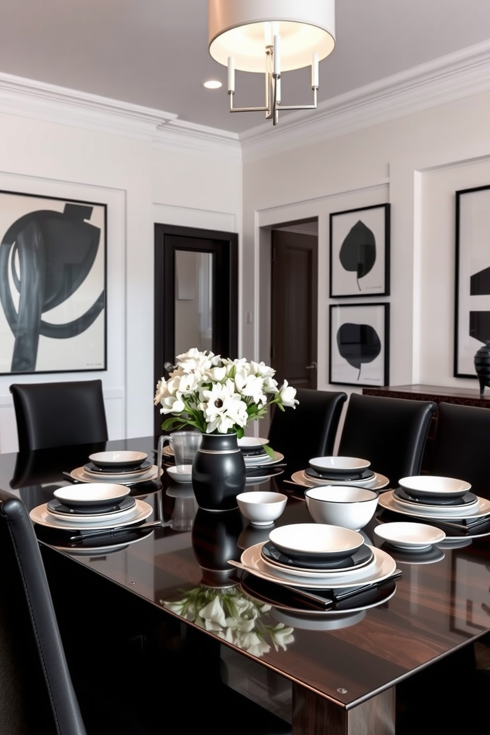 A sophisticated black and white china set is elegantly displayed on a polished dark wood dining table. The table is surrounded by high-backed upholstered chairs in a sleek black fabric, creating a striking contrast against the white walls adorned with black and white artwork. The centerpiece features a stylish arrangement of fresh white flowers in a minimalist vase. Soft ambient lighting from a modern chandelier casts a warm glow, enhancing the refined atmosphere of the dining room.