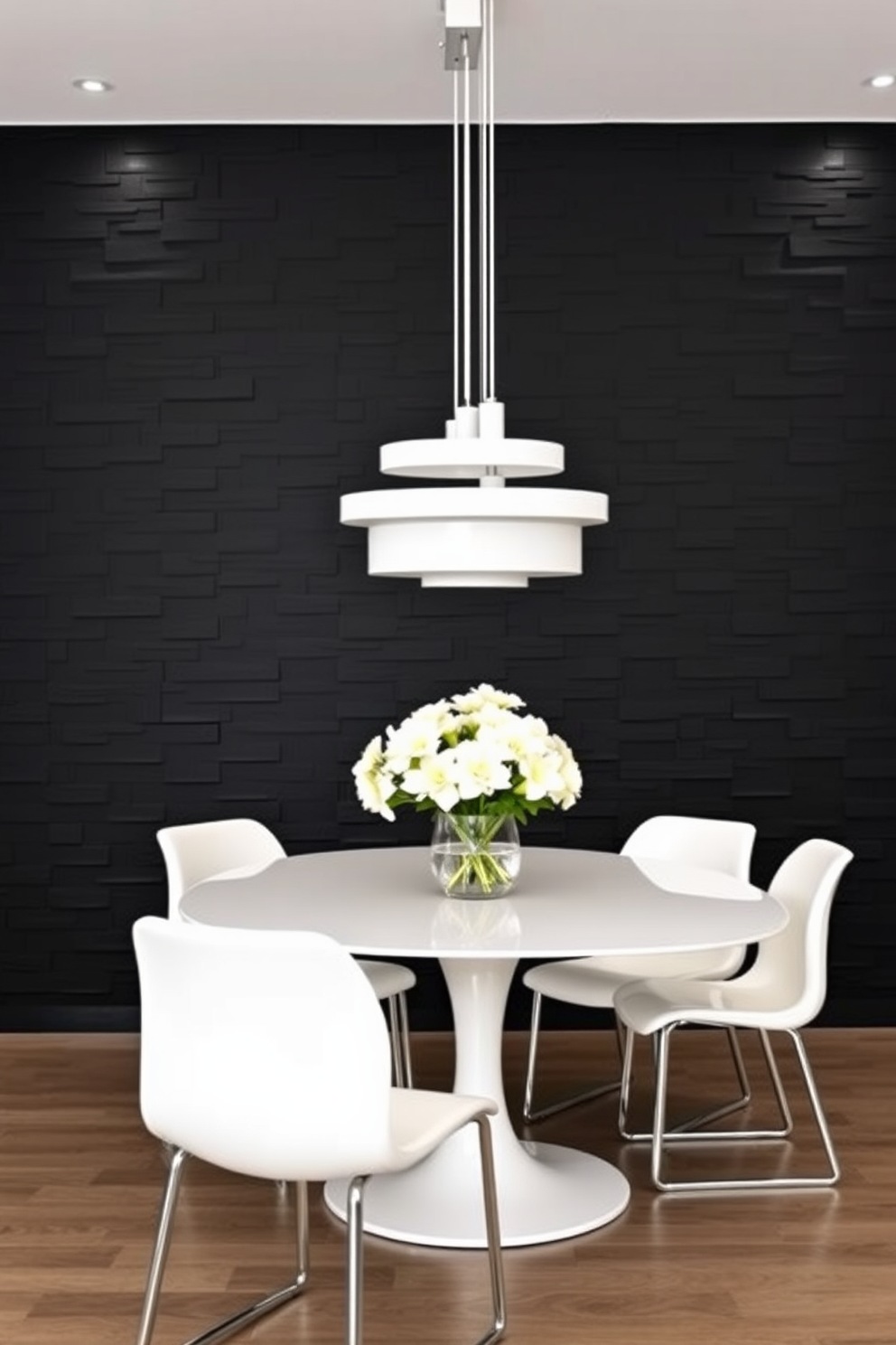 A textured black wall serves as a striking backdrop for a modern dining room. The space is adorned with white decor elements, including a sleek dining table and elegant chairs that create a bold contrast. The lighting features minimalist white fixtures that enhance the monochromatic theme. A centerpiece of fresh white flowers adds a touch of softness to the overall design.