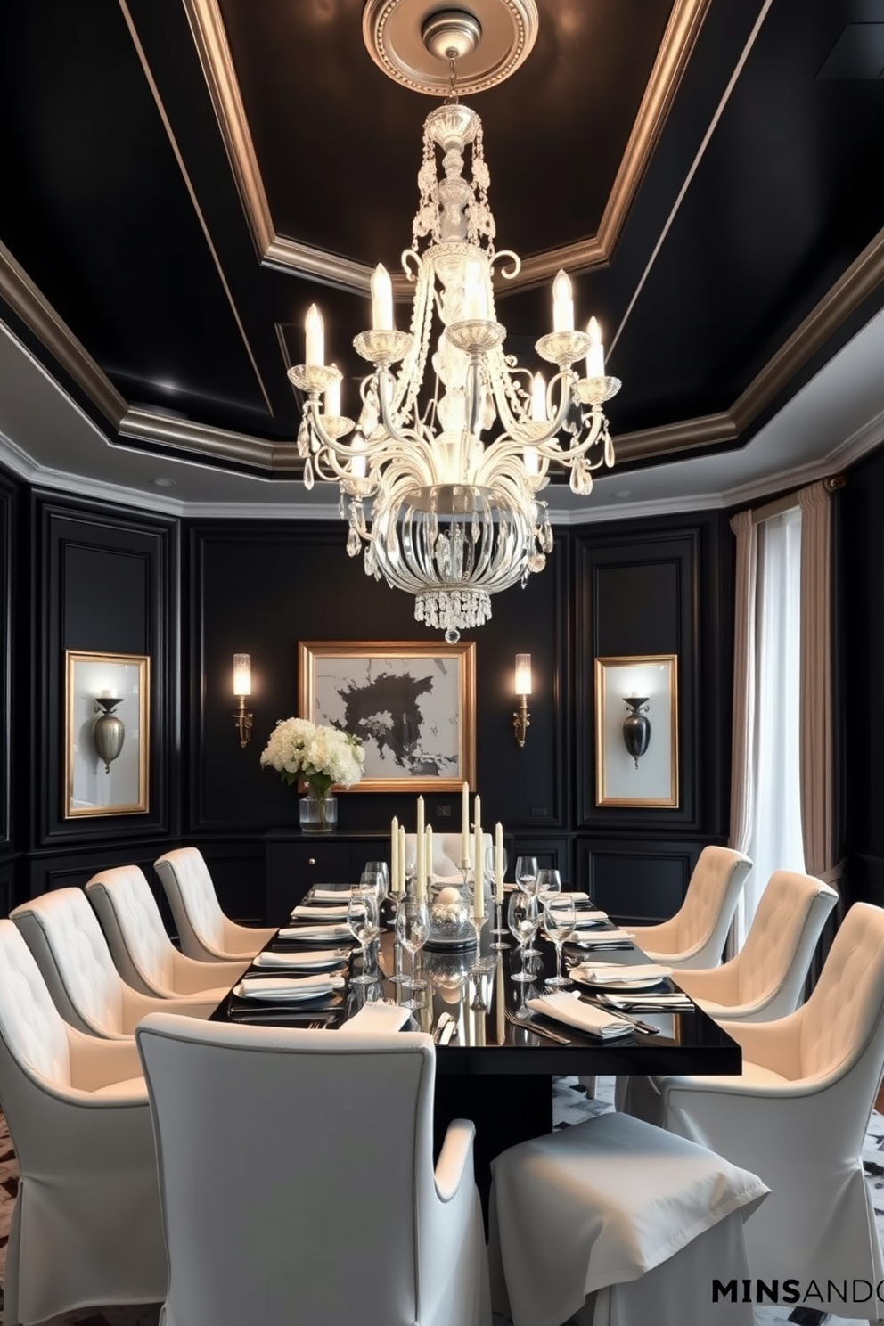 An elegant white chandelier hangs gracefully from the ceiling, casting a warm glow over the space. The black walls create a striking contrast, enhancing the sophistication of the room. A large, rectangular dining table is centered beneath the chandelier, surrounded by plush white upholstered chairs. The table is set with fine china and silverware, adding to the luxurious ambiance of the black and white dining room.