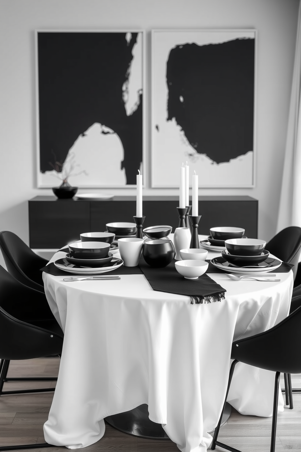 Cohesive black and white tabletop decor features an elegant arrangement of ceramic plates and bowls in varying sizes. A sleek black table runner contrasts beautifully with a white tablecloth, while minimalist candle holders add a touch of sophistication. The black and white dining room design showcases a modern dining table surrounded by stylish chairs in complementary colors. Large monochromatic artwork adorns the walls, creating a striking focal point that enhances the overall aesthetic.