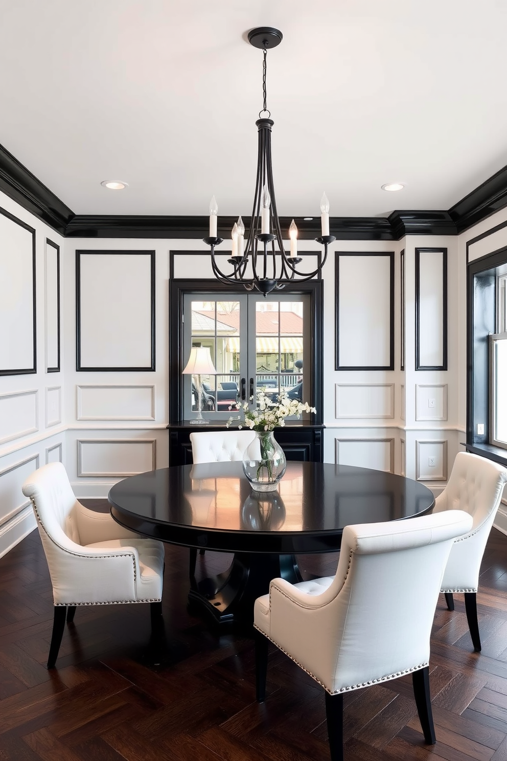 Classic white wainscoting lines the walls of a spacious dining room, creating an elegant backdrop. The black trim adds a striking contrast, enhancing the room's sophisticated atmosphere. A large, round black dining table is centered in the room, surrounded by plush white upholstered chairs. A modern chandelier with black accents hangs above, casting a warm glow over the space.