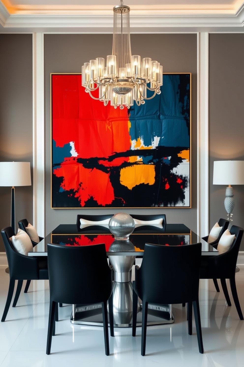 A dramatic piece of artwork serves as the focal point in a stylish dining room. The artwork is large and bold, featuring vibrant colors that contrast beautifully with the black and white decor. The dining table is sleek and modern, surrounded by elegant black chairs with white cushions. A statement chandelier hangs above the table, casting a warm glow over the space.