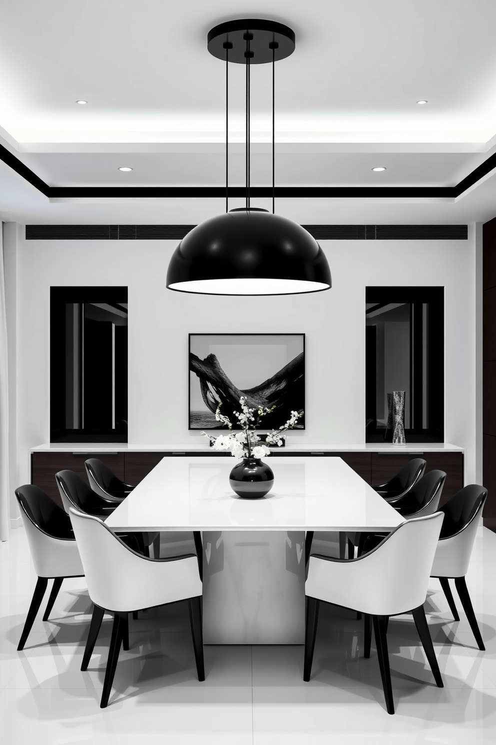 A modern black and white dining room featuring a sleek rectangular table with elegant chairs around it. Above the table, bold black pendant lights hang, creating a striking contrast against the white ceiling.