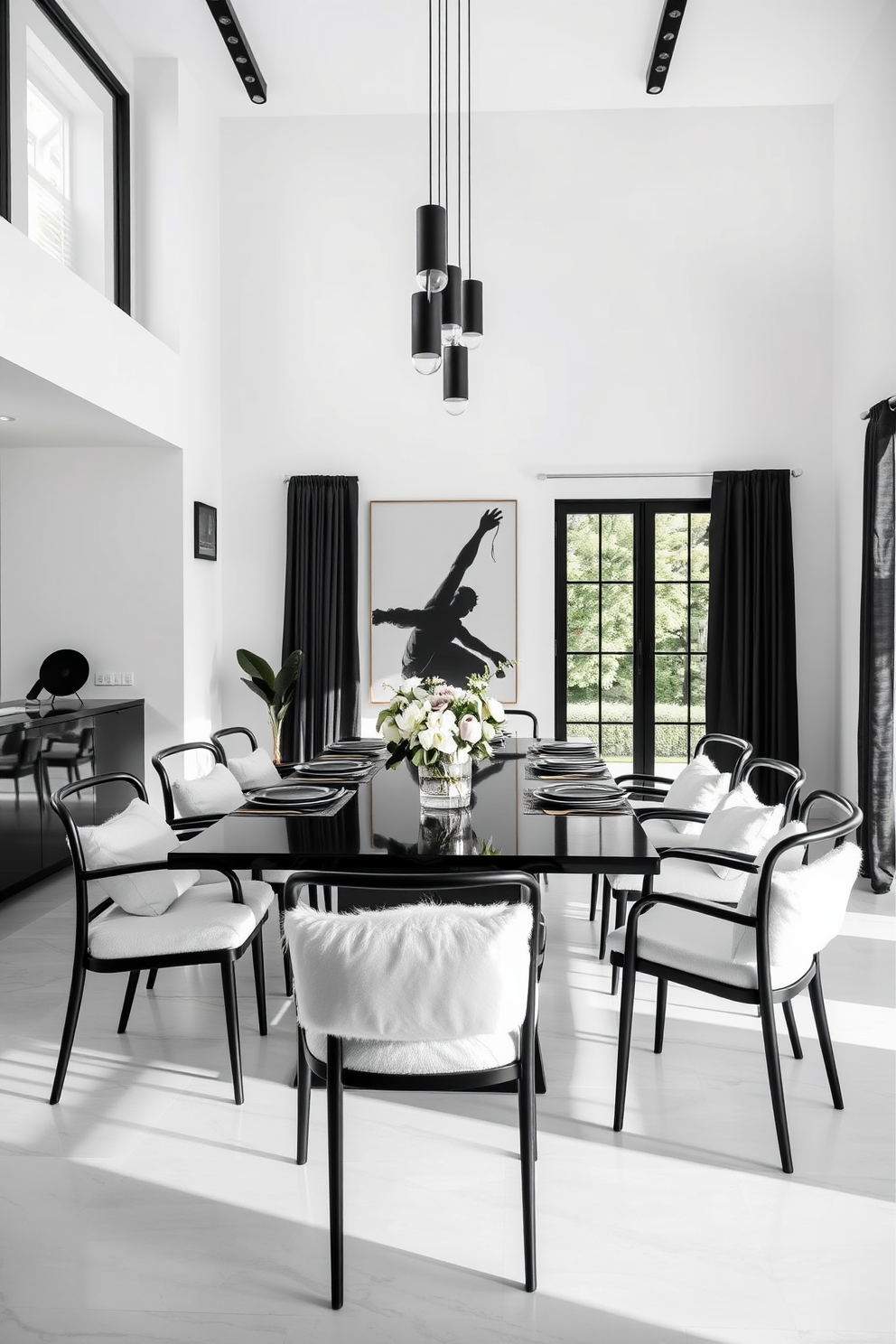 A sleek dining room featuring minimalist black chairs with plush white cushions arranged around a modern rectangular table. The walls are painted in a crisp white, complemented by bold black accents in the decor and lighting fixtures. Natural light floods the space through large windows, enhancing the contrast between the black and white elements. A simple centerpiece of fresh flowers adds a touch of elegance to the table setting.