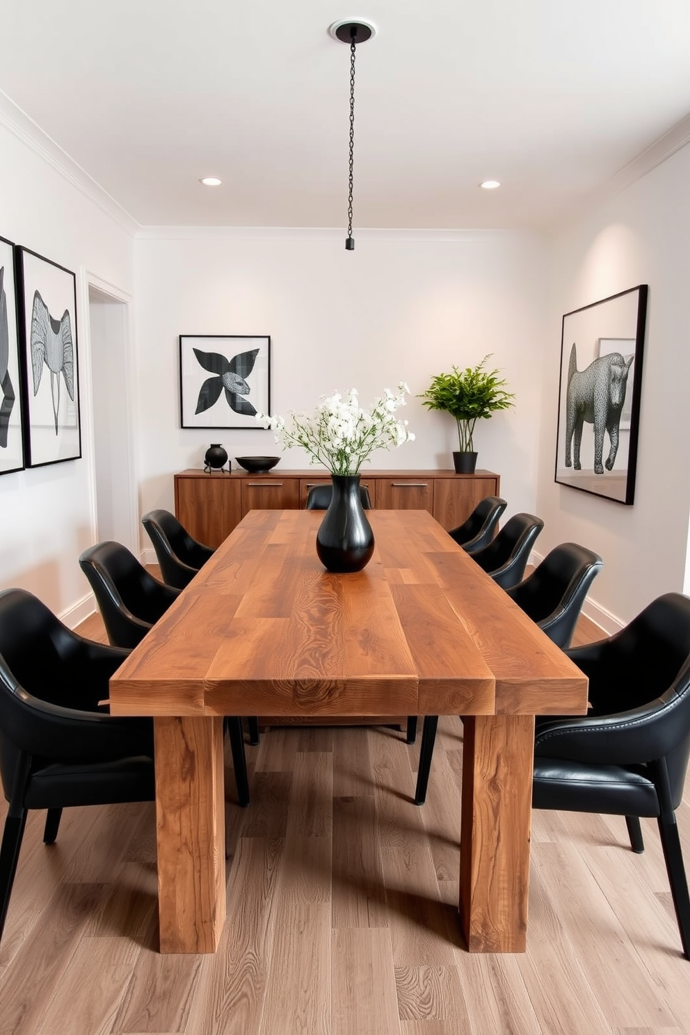 A rustic wooden table with black accents sits at the center of a stylish dining room. Surrounding the table are elegant black chairs that complement the warm tones of the wood. The walls are painted in a crisp white, creating a bright and airy atmosphere. Bold black and white artwork adorns the walls, adding a modern touch to the rustic design.