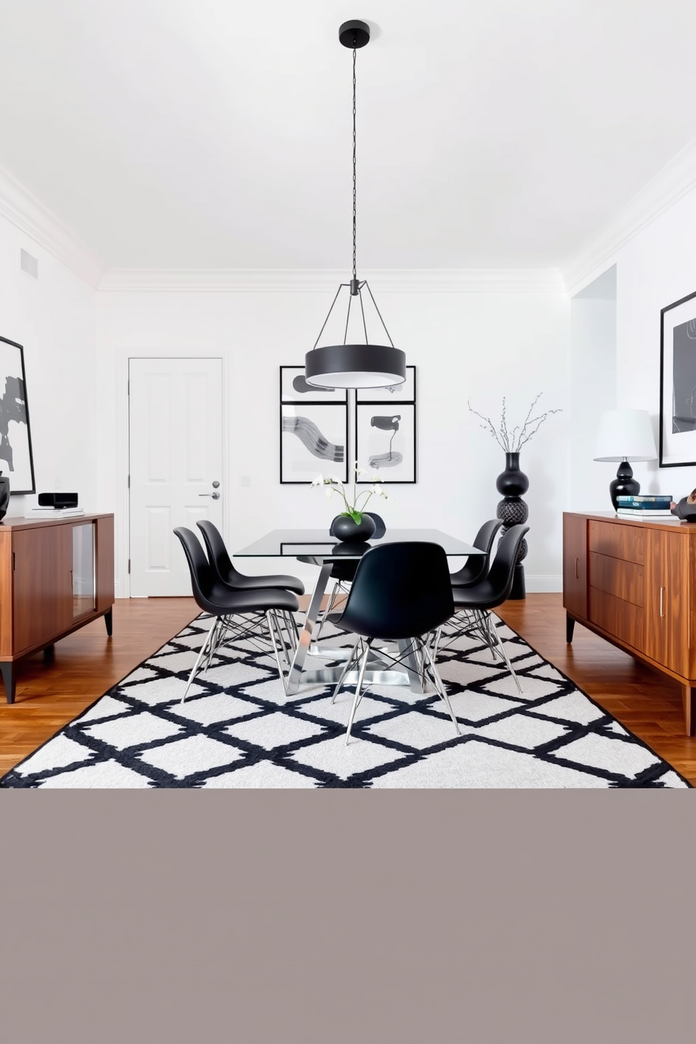 A chic dining room featuring a geometric black and white area rug that anchors the space. The dining table is surrounded by modern black chairs, with a striking pendant light hanging above. The walls are painted in a soft white, creating a clean backdrop for the bold rug. A sideboard in a rich wood finish adds warmth, while decorative black and white artwork adorns the walls.