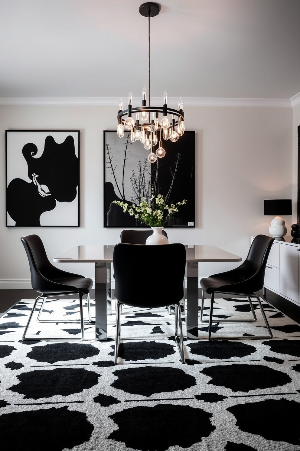 Sleek black dining chairs with chrome legs surround a modern white dining table. The walls are adorned with black and white artwork, creating a striking contrast that enhances the room's elegance. A large black and white patterned rug anchors the space, adding texture and depth. Soft ambient lighting from a contemporary chandelier casts a warm glow over the dining area, inviting guests to gather and enjoy.