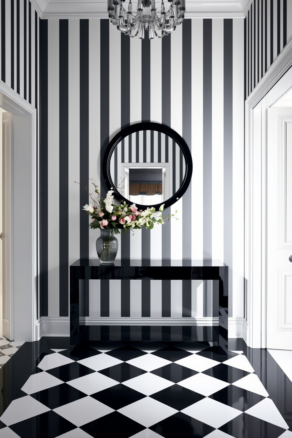 A grand foyer adorned with elegant black and white striped wallpaper creates a striking first impression. The floor features a classic black and white checkered tile, enhancing the sophisticated atmosphere. A sleek console table in a glossy black finish sits against the wall, topped with a stylish vase and fresh flowers. A large round mirror with a black frame hangs above the table, reflecting the light and adding depth to the space.