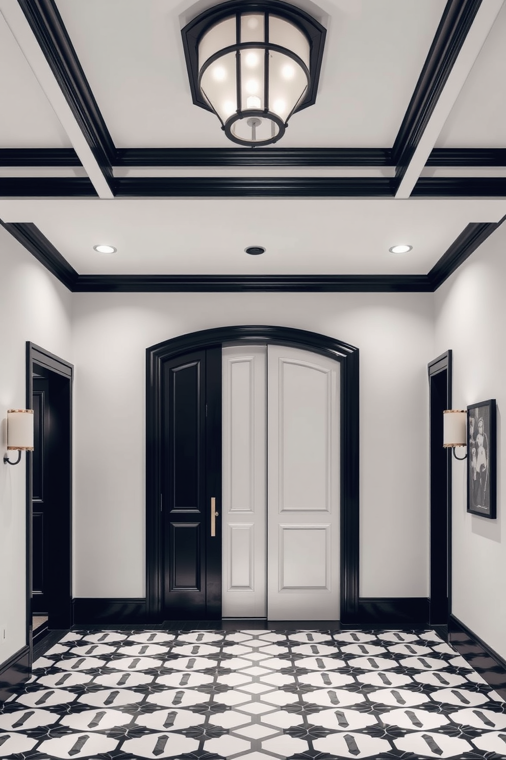 A stunning foyer design with a white ceiling featuring elegant black crown molding that adds a touch of sophistication. The floor is adorned with a striking black and white geometric patterned tile that creates a bold visual impact.