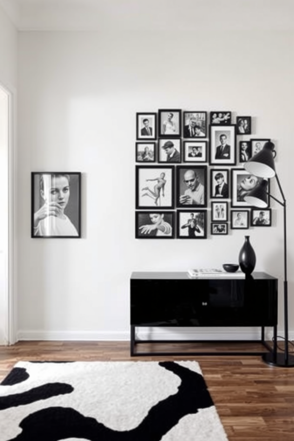 A striking black and white photo collage wall serves as a focal point in the foyer. The arrangement features a mix of framed photographs in various sizes, showcasing memories and artistic moments. The foyer is designed with a sleek black console table against the wall. A minimalist black and white rug anchors the space, while a bold floor lamp adds a contemporary touch.