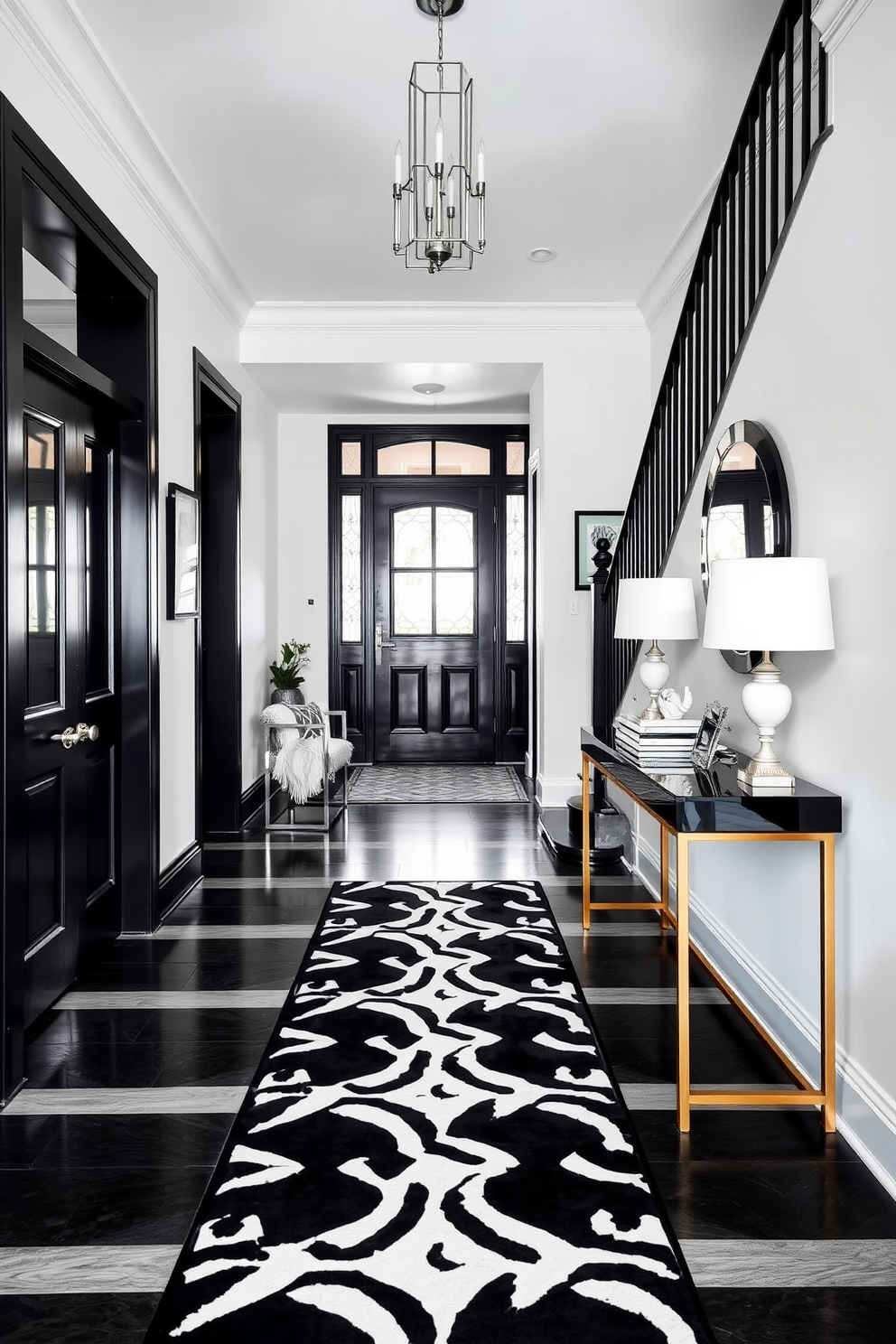 A striking black and white foyer features a bold staircase runner that adds a dramatic touch to the entryway. The walls are adorned with elegant artwork, and a stylish console table sits against one side, topped with decorative accents.