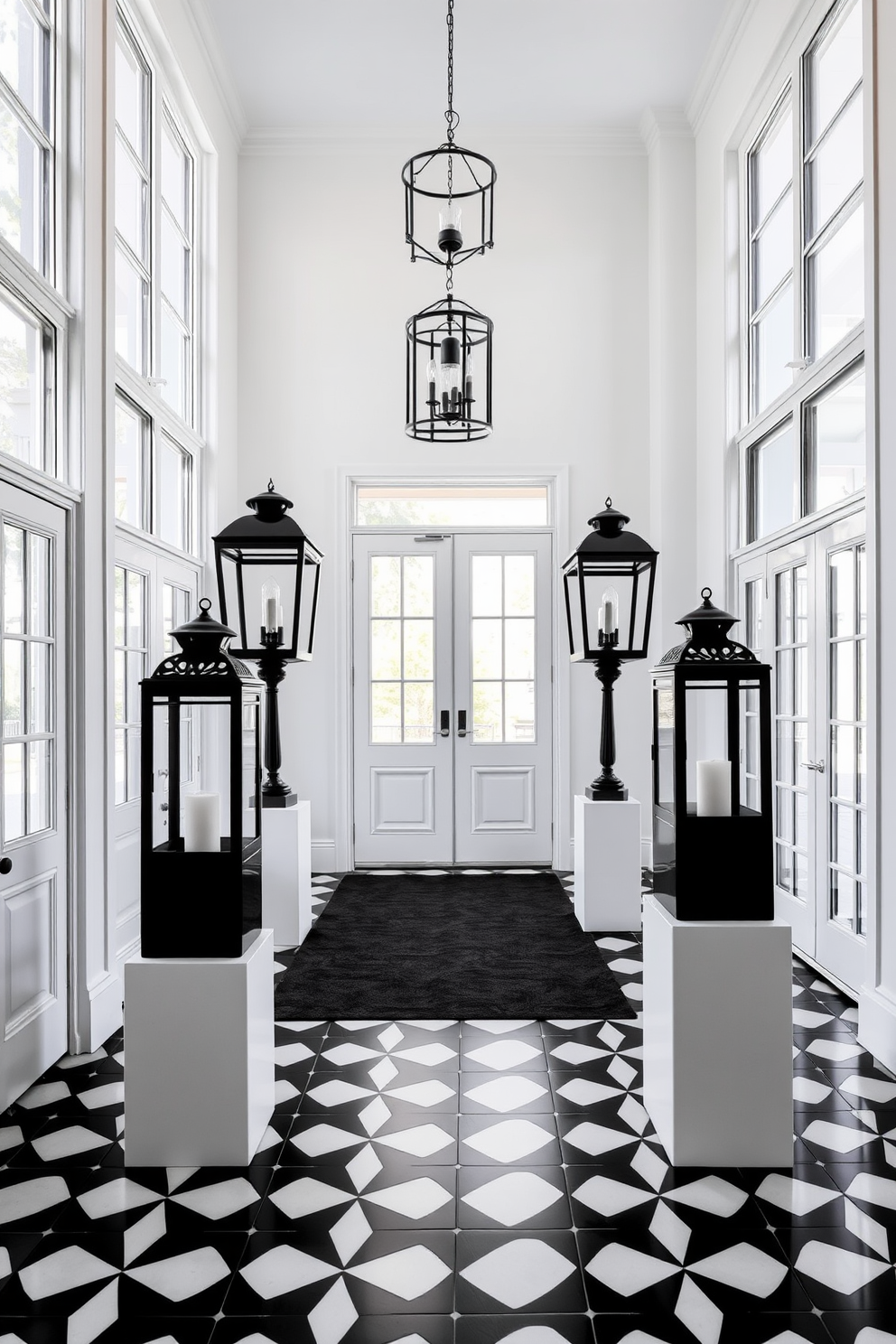 A striking foyer featuring black lanterns elegantly positioned on white pedestals. The space is enhanced by a monochromatic color scheme, combining sleek black and white elements to create a sophisticated atmosphere. The flooring is adorned with a bold black and white geometric pattern, complementing the lanterns' design. Natural light floods the area through large windows, illuminating the foyer and highlighting the striking contrast of colors.