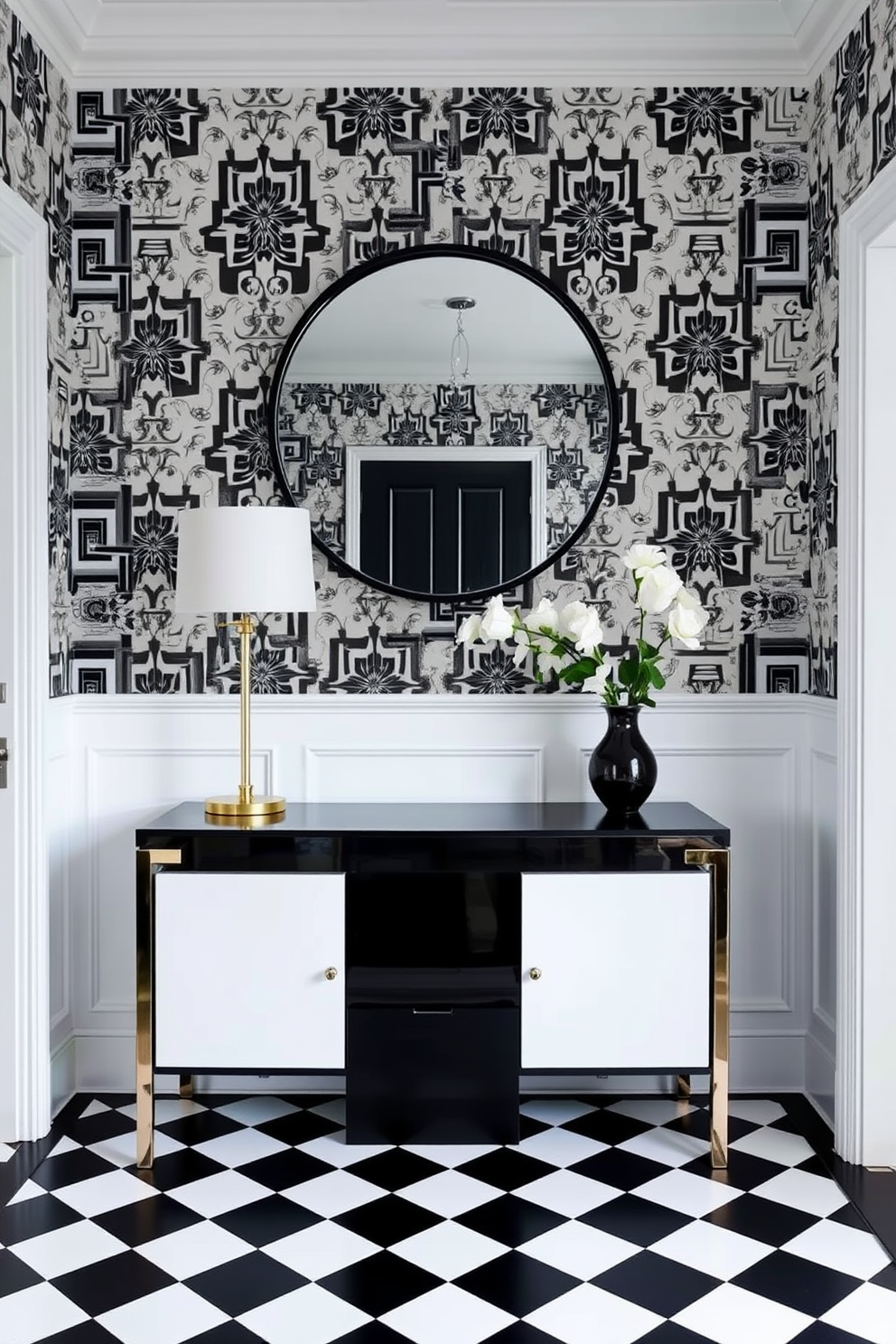 Chic round black mirror hangs above a sleek console table in a stylish foyer. The walls are adorned with a monochrome wallpaper featuring bold geometric patterns, while the floor showcases a striking black and white checkerboard tile design.