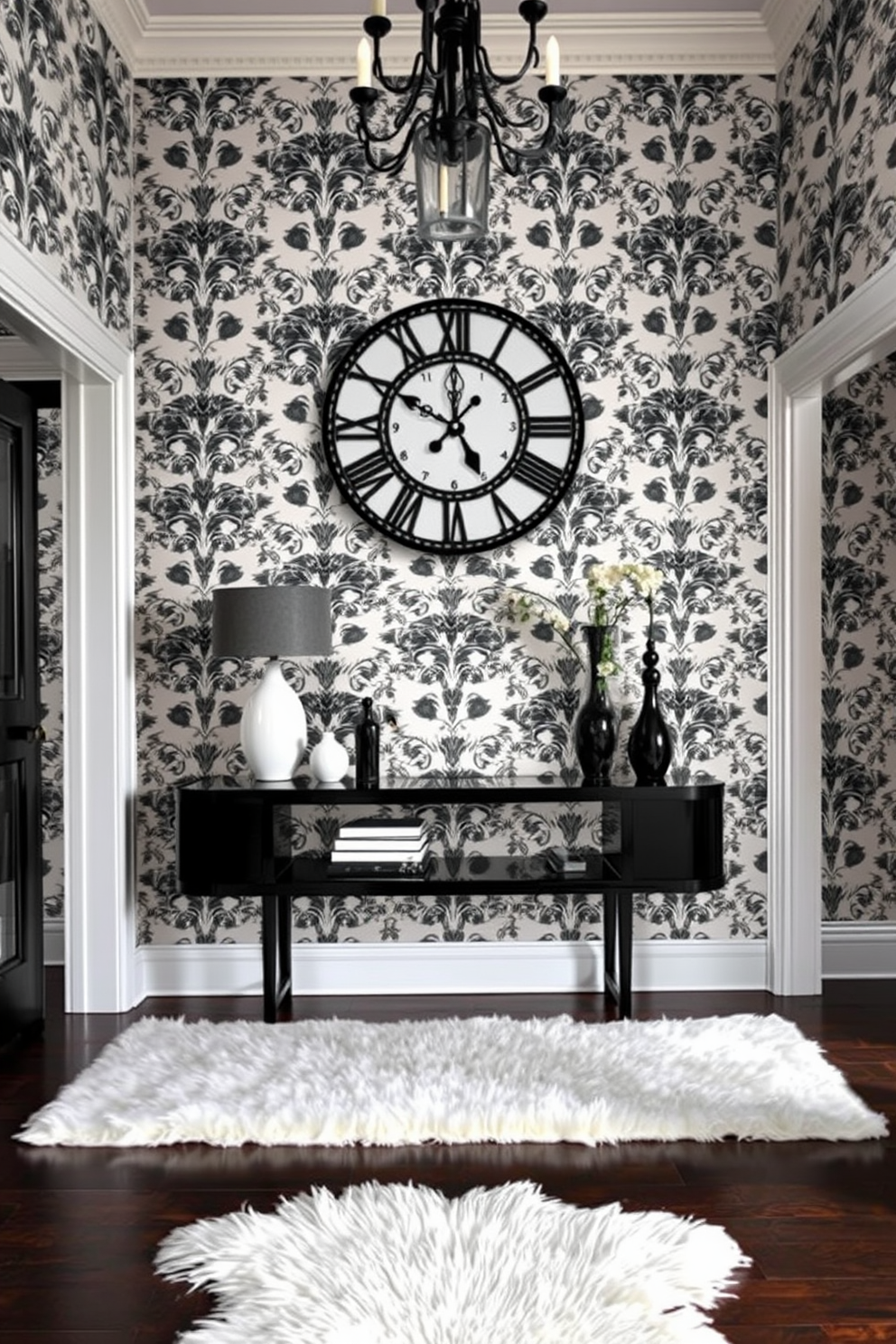 A stunning foyer featuring a black and white vintage style clock as the centerpiece. The walls are adorned with intricate black and white wallpaper, creating a timeless elegance. A sleek black console table sits against the wall, topped with decorative items in contrasting colors. A plush white rug lies beneath, adding warmth and texture to the monochromatic space.